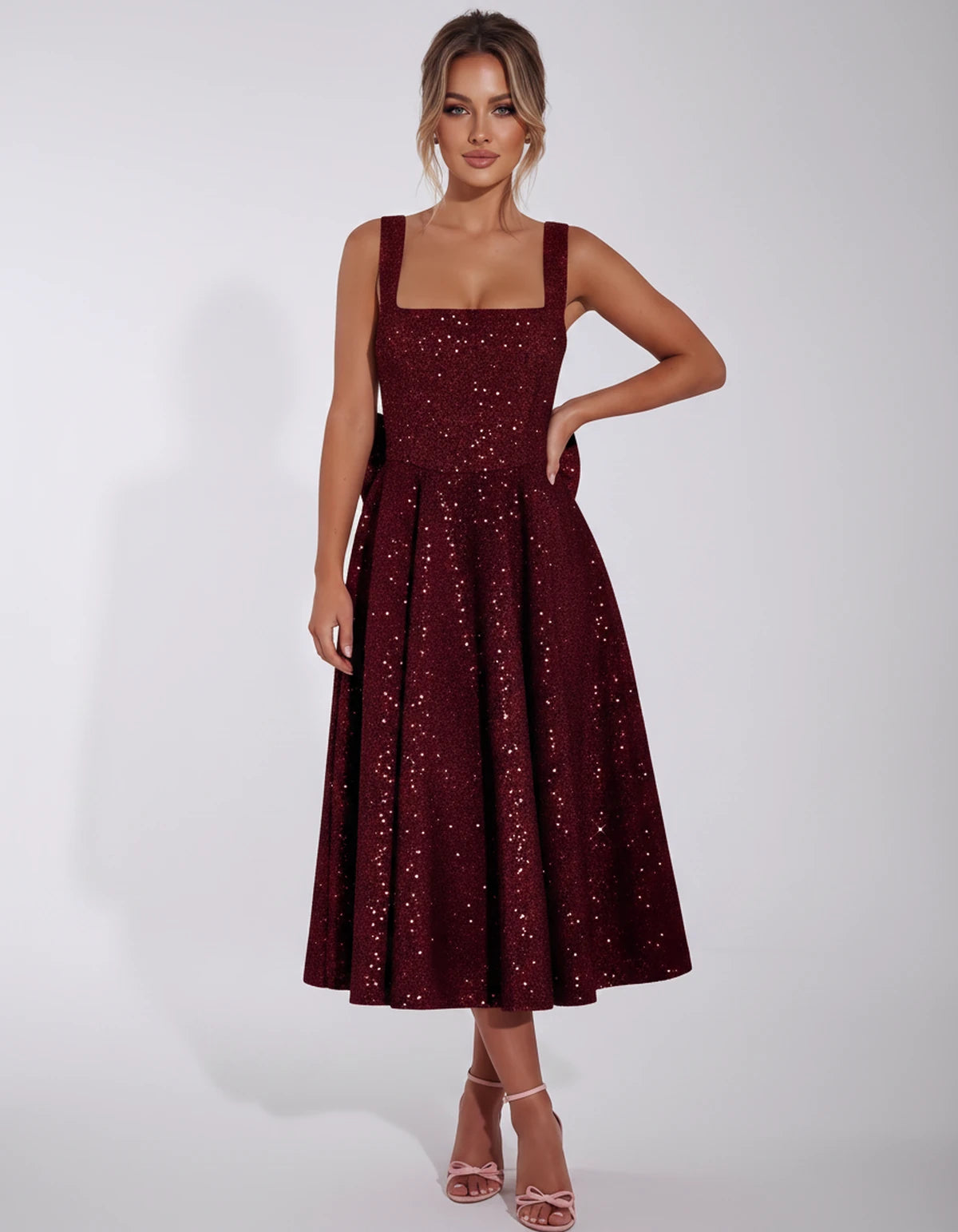 Calanthe Midi Dresses — Red | SKU: SD-45767-red-2,SD-45767-red-4,SD-45767-red-6,SD-45767-red-8,SD-45767-red-10,SD-45767-red-12,SD-45767-red-14,SD-45767-red-16,SD-45767-red-16W,SD-45767-red-18W,SD-45767-red-20W,SD-45767-red-22W,SD-45767-red-24W