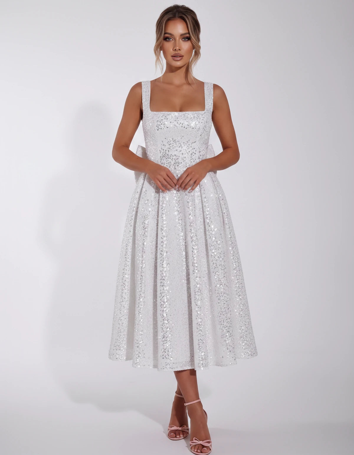 Calanthe Midi Dresses — Silver | SKU: SD-45767-silver-2,SD-45767-silver-4,SD-45767-silver-6,SD-45767-silver-8,SD-45767-silver-10,SD-45767-silver-12,SD-45767-silver-14,SD-45767-silver-16,SD-45767-silver-16W,SD-45767-silver-18W,SD-45767-silver-20W,SD-45767-silver-22W,SD-45767-silver-24W