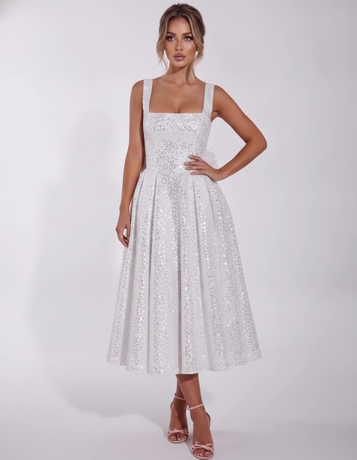 Calanthe Midi Dresses — Silver | SKU: SD-45767-silver-2,SD-45767-silver-4,SD-45767-silver-6,SD-45767-silver-8,SD-45767-silver-10,SD-45767-silver-12,SD-45767-silver-14,SD-45767-silver-16,SD-45767-silver-16W,SD-45767-silver-18W,SD-45767-silver-20W,SD-45767-silver-22W,SD-45767-silver-24W
