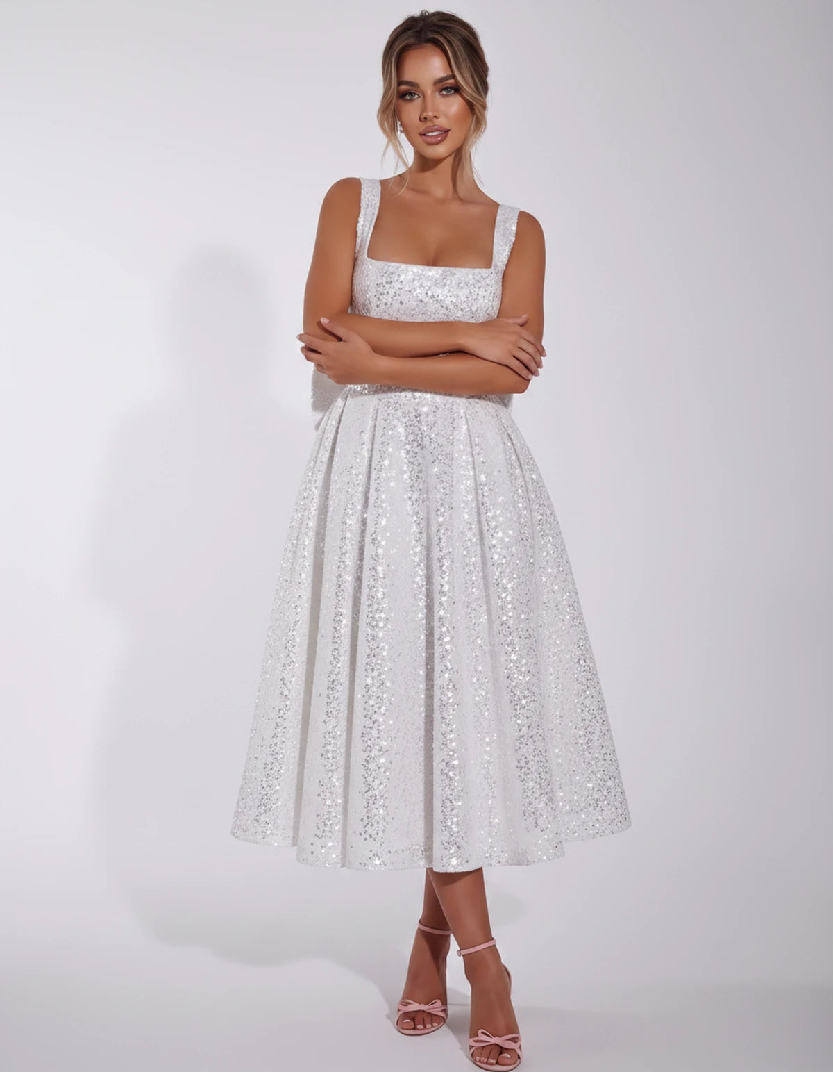 Calanthe Midi Dresses — Silver | SKU: SD-45767-silver-2,SD-45767-silver-4,SD-45767-silver-6,SD-45767-silver-8,SD-45767-silver-10,SD-45767-silver-12,SD-45767-silver-14,SD-45767-silver-16,SD-45767-silver-16W,SD-45767-silver-18W,SD-45767-silver-20W,SD-45767-silver-22W,SD-45767-silver-24W