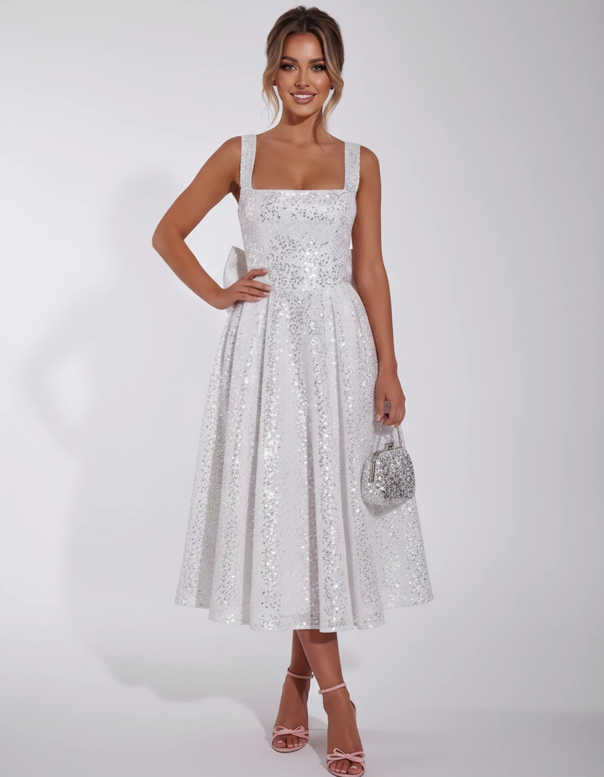 Calanthe Midi Dresses — Silver | SKU: SD-45767-silver-2,SD-45767-silver-4,SD-45767-silver-6,SD-45767-silver-8,SD-45767-silver-10,SD-45767-silver-12,SD-45767-silver-14,SD-45767-silver-16,SD-45767-silver-16W,SD-45767-silver-18W,SD-45767-silver-20W,SD-45767-silver-22W,SD-45767-silver-24W