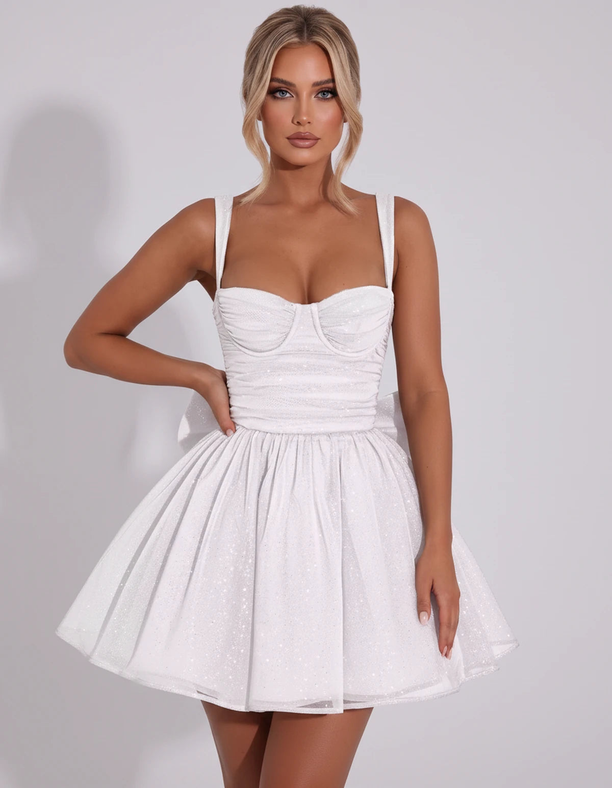 Candela Mini Dress — White | SKU: SD-88710-white-2,SD-88710-white-4,SD-88710-white-6,SD-88710-white-8,SD-88710-white-10,SD-88710-white-12,SD-88710-white-14,SD-88710-white-16,SD-88710-white-16W,SD-88710-white-18W,SD-88710-white-20W,SD-88710-white-22W