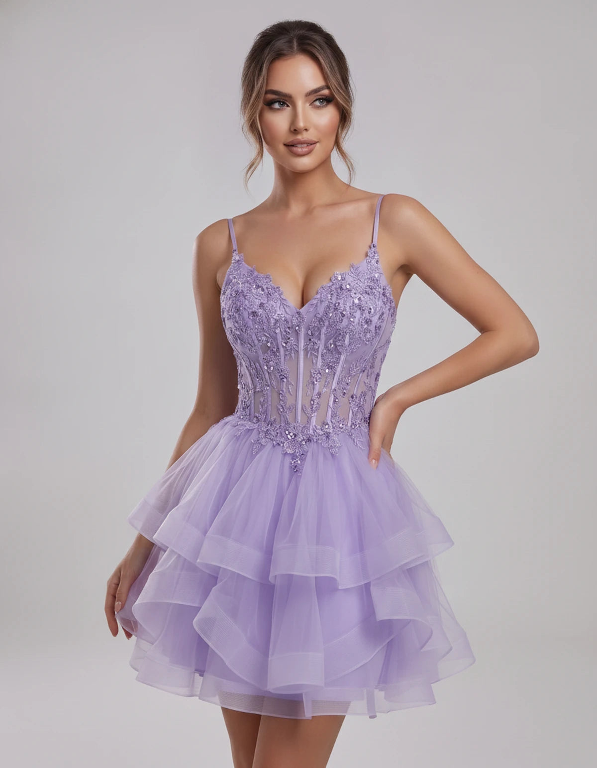 Carmela Mini Dress — Lavender | SKU: SD-66563-lavender-2,SD-66563-lavender-4,SD-66563-lavender-6,SD-66563-lavender-8,SD-66563-lavender-10,SD-66563-lavender-12,SD-66563-lavender-14,SD-66563-lavender-14W,SD-66563-lavender-16,SD-66563-lavender-16W,SD-66563-lavender-18W,SD-66563-lavender-20W,SD-66563-lavender-22W,SD-66563-lavender-24W