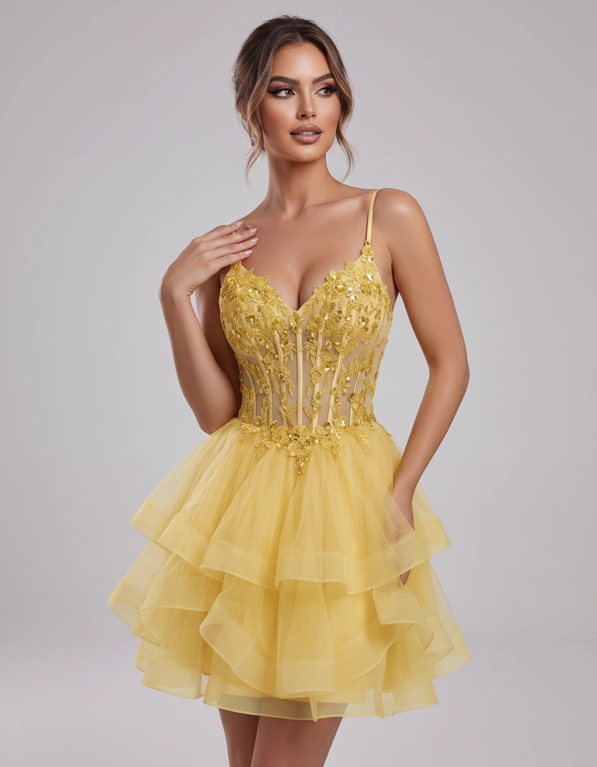 Carmela Mini Dress — Yellow | SKU: SD-66563-yellow-2,SD-66563-yellow-4,SD-66563-yellow-6,SD-66563-yellow-8,SD-66563-yellow-10,SD-66563-yellow-12,SD-66563-yellow-14,SD-66563-yellow-14W,SD-66563-yellow-16,SD-66563-yellow-16W,SD-66563-yellow-18W,SD-66563-yellow-20W,SD-66563-yellow-22W,SD-66563-yellow-24W