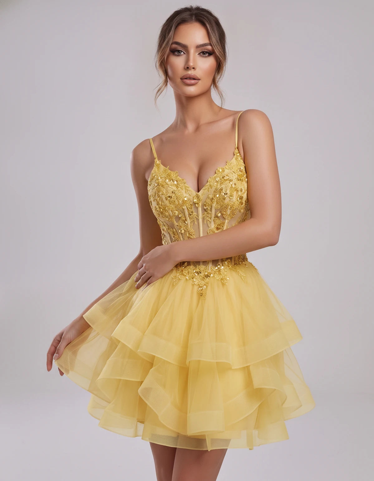 Carmela Mini Dress — Yellow | SKU: SD-66563-yellow-2,SD-66563-yellow-4,SD-66563-yellow-6,SD-66563-yellow-8,SD-66563-yellow-10,SD-66563-yellow-12,SD-66563-yellow-14,SD-66563-yellow-14W,SD-66563-yellow-16,SD-66563-yellow-16W,SD-66563-yellow-18W,SD-66563-yellow-20W,SD-66563-yellow-22W,SD-66563-yellow-24W