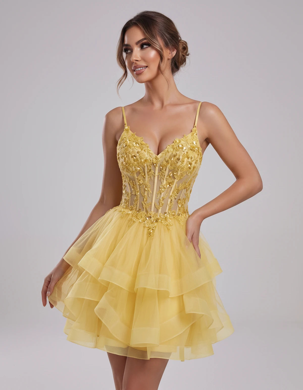 Carmela Mini Dress — Yellow | SKU: SD-66563-yellow-2,SD-66563-yellow-4,SD-66563-yellow-6,SD-66563-yellow-8,SD-66563-yellow-10,SD-66563-yellow-12,SD-66563-yellow-14,SD-66563-yellow-14W,SD-66563-yellow-16,SD-66563-yellow-16W,SD-66563-yellow-18W,SD-66563-yellow-20W,SD-66563-yellow-22W,SD-66563-yellow-24W