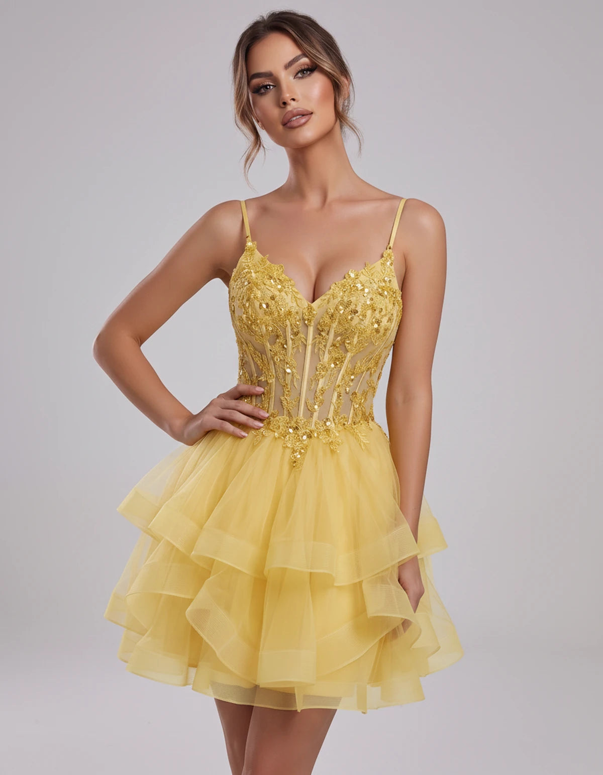 Carmela Mini Dress — Yellow | SKU: SD-66563-yellow-2,SD-66563-yellow-4,SD-66563-yellow-6,SD-66563-yellow-8,SD-66563-yellow-10,SD-66563-yellow-12,SD-66563-yellow-14,SD-66563-yellow-14W,SD-66563-yellow-16,SD-66563-yellow-16W,SD-66563-yellow-18W,SD-66563-yellow-20W,SD-66563-yellow-22W,SD-66563-yellow-24W