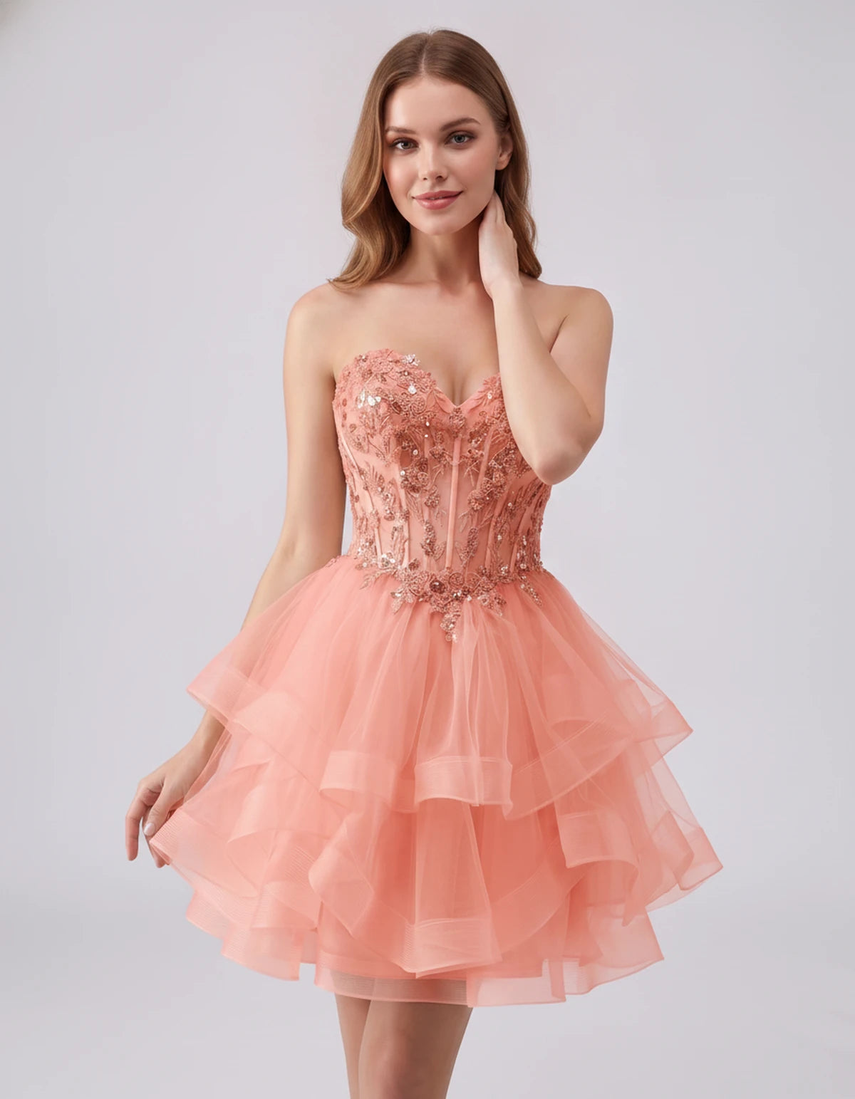 Cerelia Midi Dresses — Peach | SKU: SD-73258-peach-2,SD-73258-peach-4,SD-73258-peach-6,SD-73258-peach-8,SD-73258-peach-10,SD-73258-peach-12,SD-73258-peach-14,SD-73258-peach-14W,SD-73258-peach-16,SD-73258-peach-16W,SD-73258-peach-18W,SD-73258-peach-20W