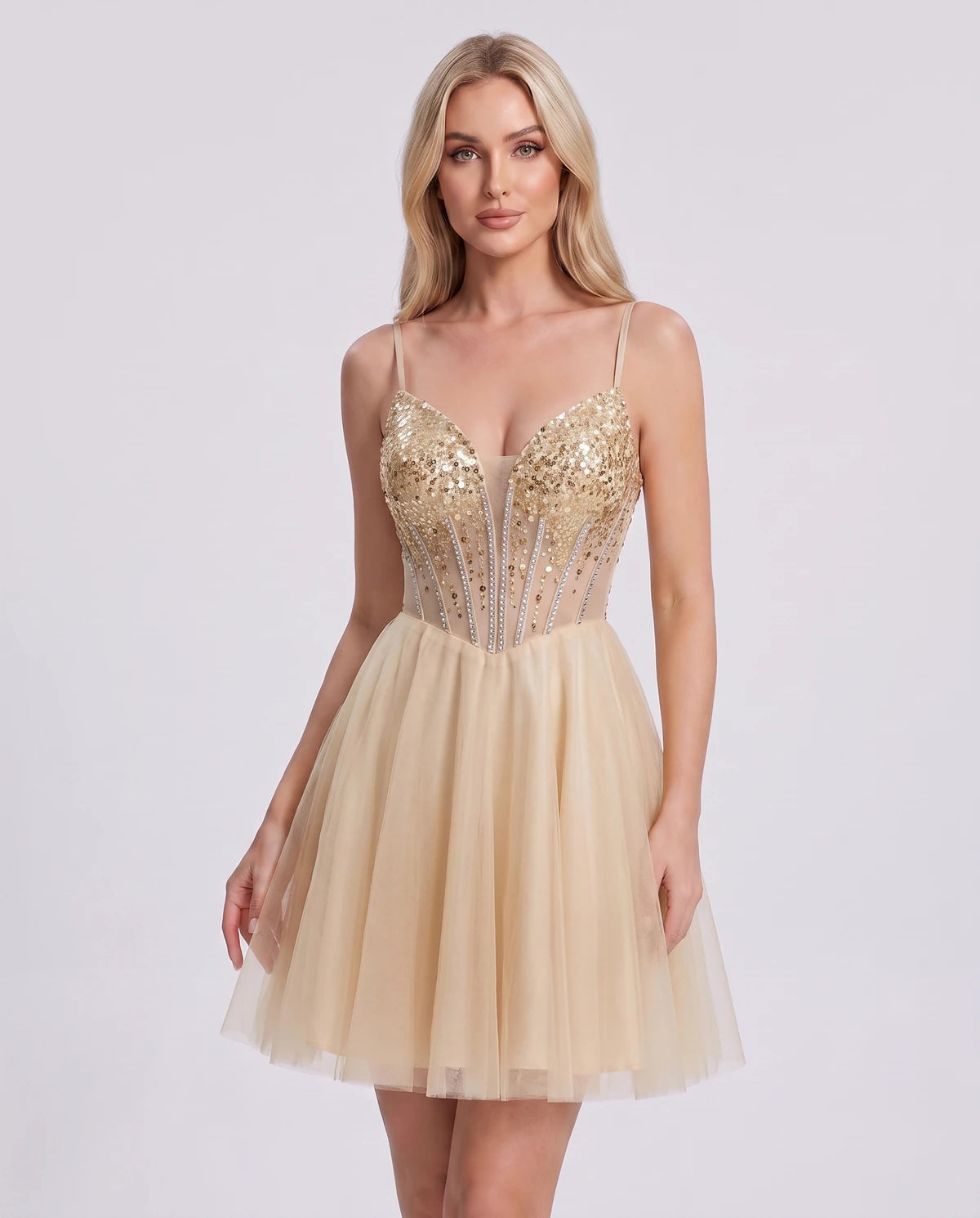 champagne gold mini dress Sequin Evening for Women — Sweetheart | Fall Mini, Semi Formal Prom Dresses, Party, Cocktail & Homecoming Pro styling tip Hole distance:192mm swatchcolour_black Court Attire | Law