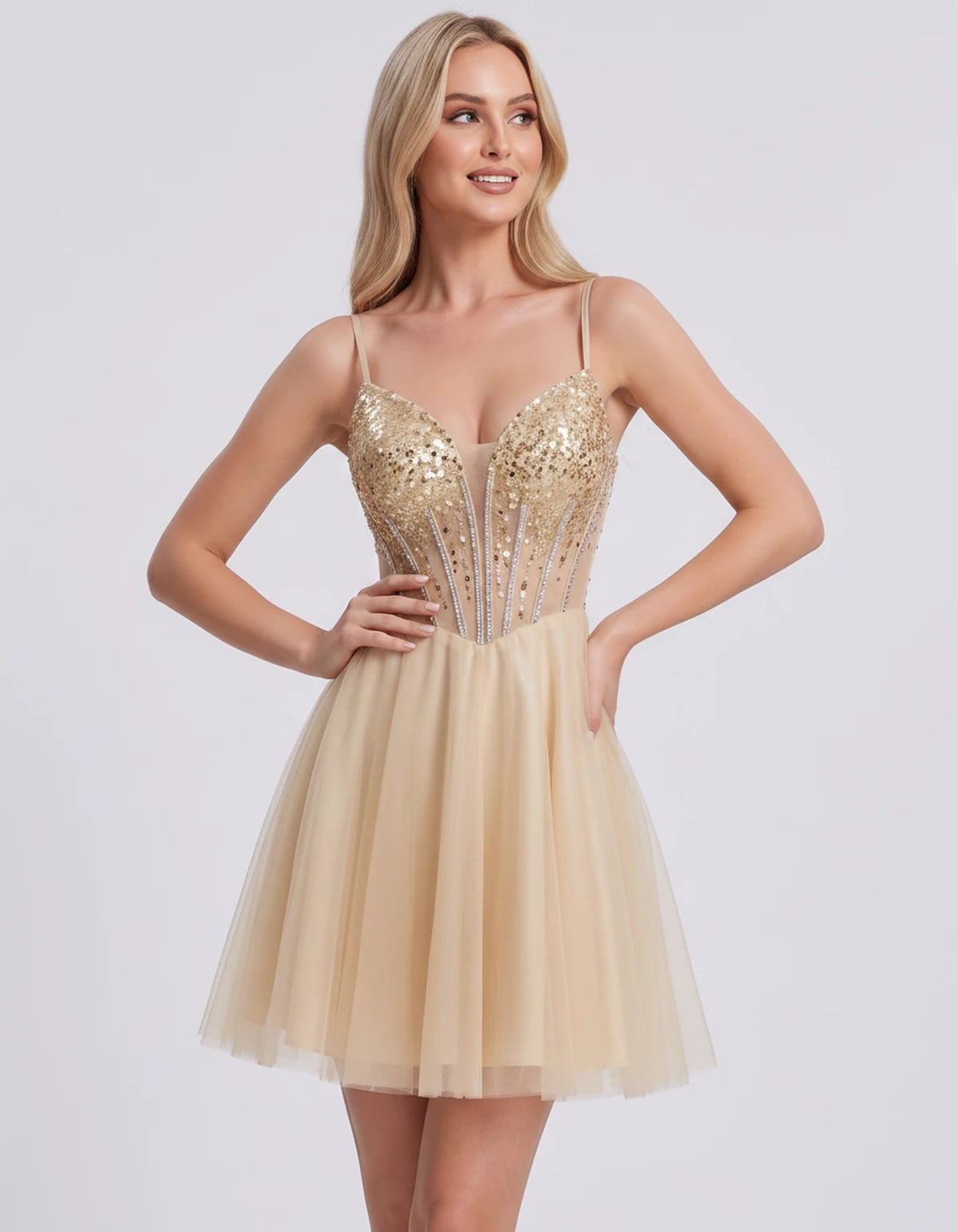 Charlise Mini Dress — Champagne | SKU: SD-81155-champagne-2,SD-81155-champagne-4,SD-81155-champagne-6,SD-81155-champagne-8,SD-81155-champagne-10,SD-81155-champagne-12,SD-81155-champagne-14,SD-81155-champagne-16,SD-81155-champagne-16W,SD-81155-champagne-18W,SD-81155-champagne-20W,SD-81155-champagne-22W