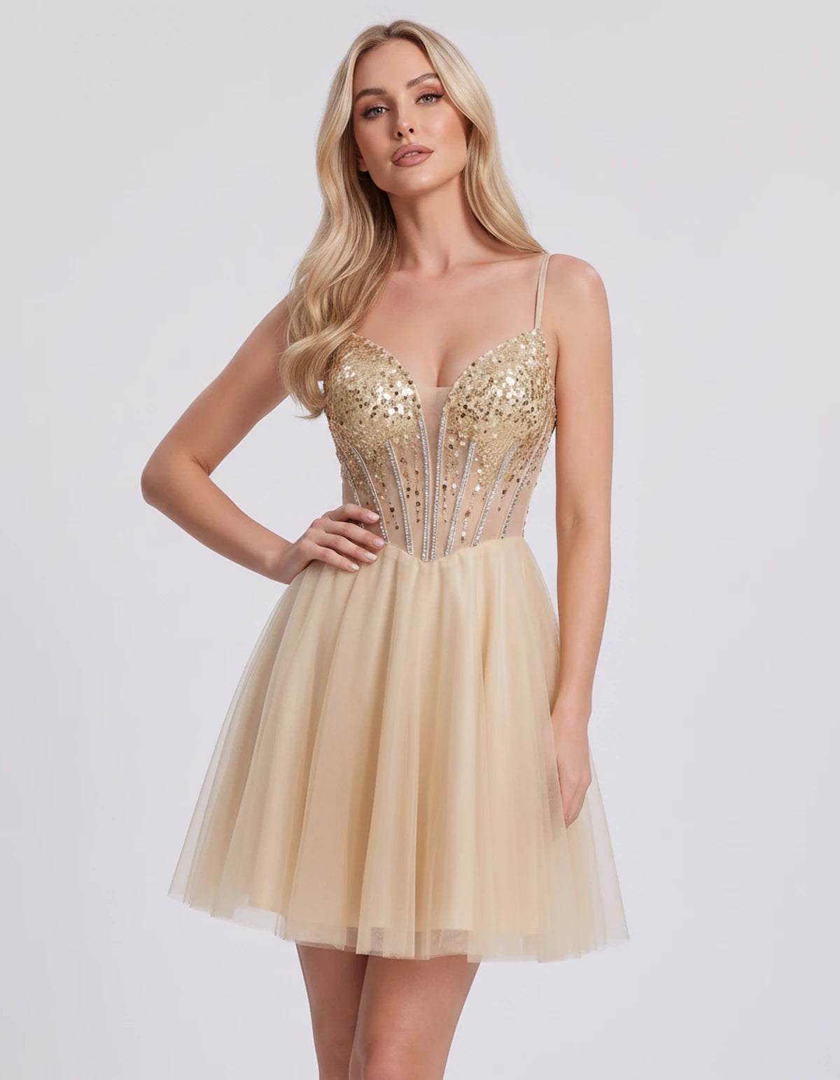 Charlise Mini Dress — Champagne | SKU: SD-81155-champagne-2,SD-81155-champagne-4,SD-81155-champagne-6,SD-81155-champagne-8,SD-81155-champagne-10,SD-81155-champagne-12,SD-81155-champagne-14,SD-81155-champagne-16,SD-81155-champagne-16W,SD-81155-champagne-18W,SD-81155-champagne-20W,SD-81155-champagne-22W