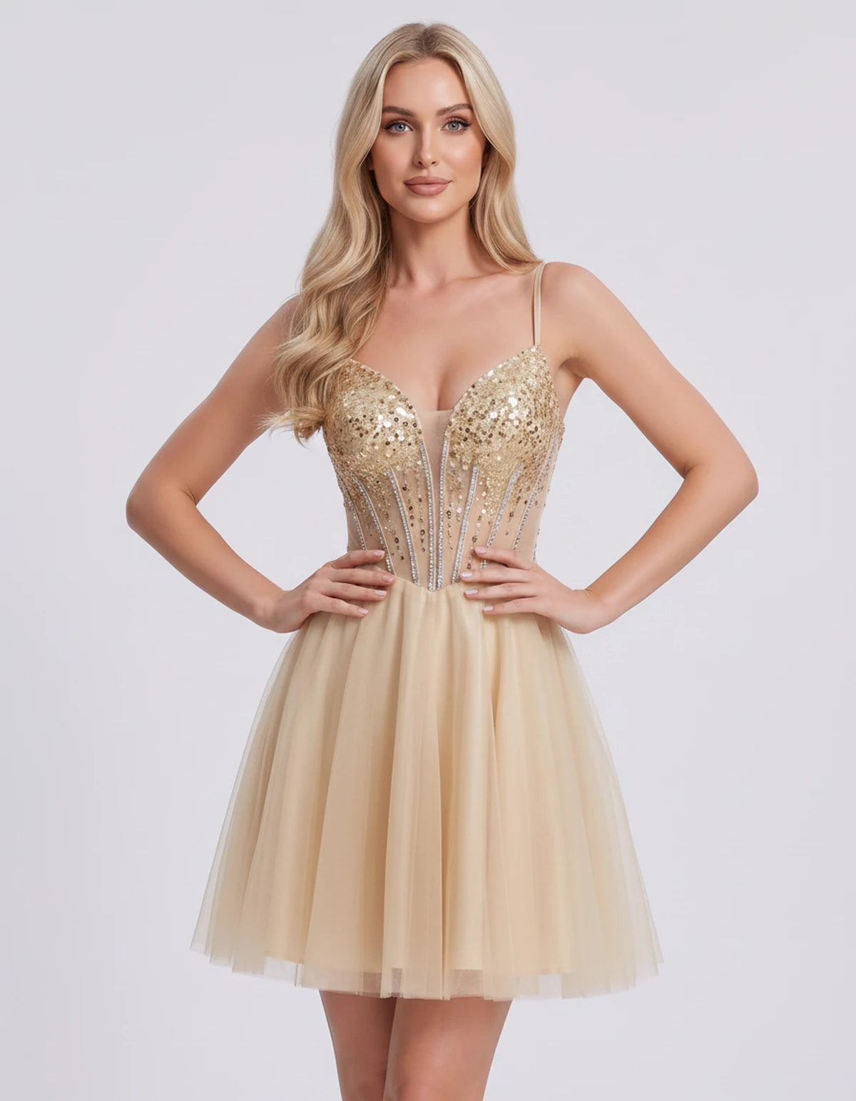 Charlise Mini Dress — Champagne | SKU: SD-81155-champagne-2,SD-81155-champagne-4,SD-81155-champagne-6,SD-81155-champagne-8,SD-81155-champagne-10,SD-81155-champagne-12,SD-81155-champagne-14,SD-81155-champagne-16,SD-81155-champagne-16W,SD-81155-champagne-18W,SD-81155-champagne-20W,SD-81155-champagne-22W