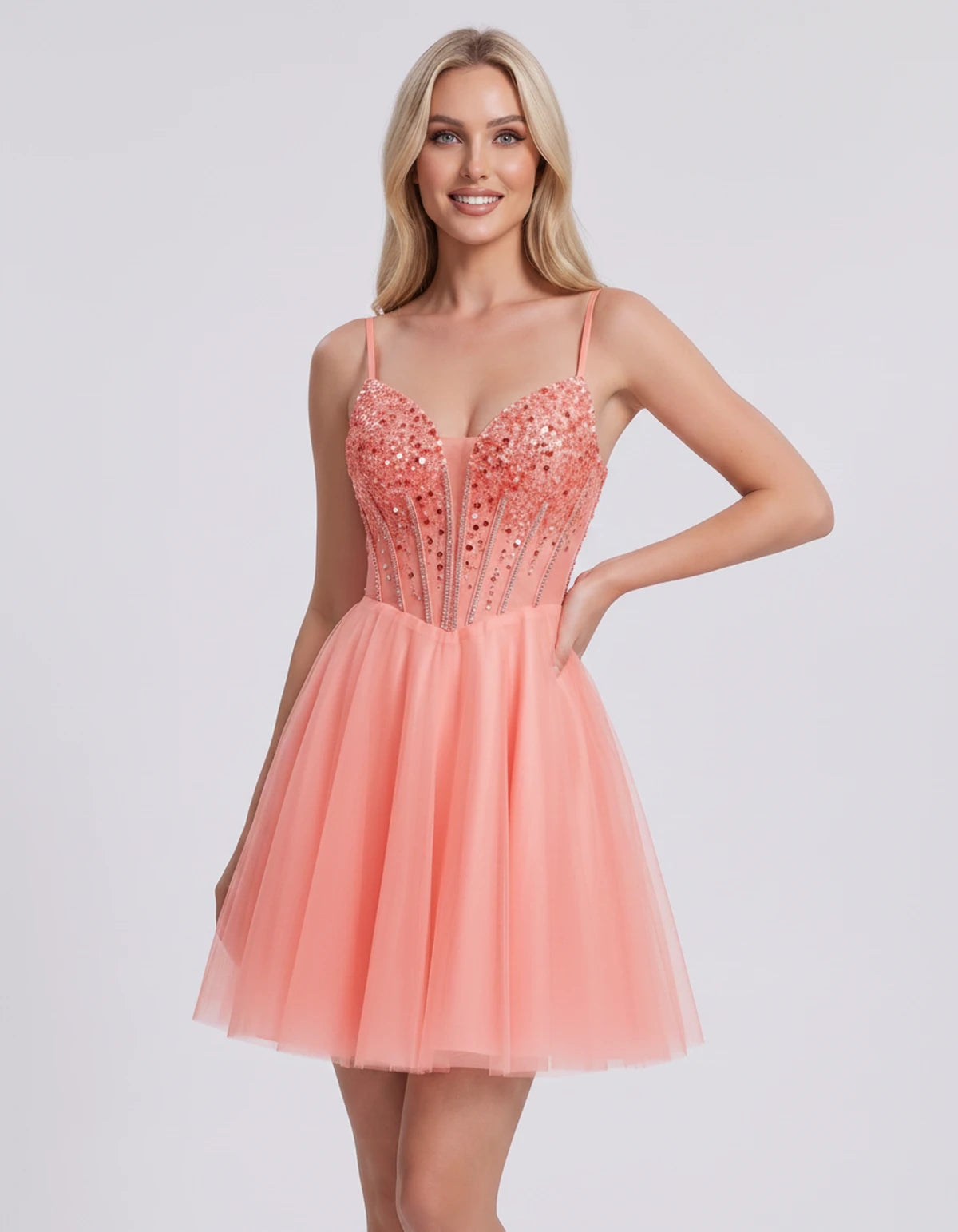 Charlise Mini Dress — Coral | SKU: SD-81155-coral-2,SD-81155-coral-4,SD-81155-coral-6,SD-81155-coral-8,SD-81155-coral-10,SD-81155-coral-12,SD-81155-coral-14,SD-81155-coral-16,SD-81155-coral-16W,SD-81155-coral-18W,SD-81155-coral-20W,SD-81155-coral-22W