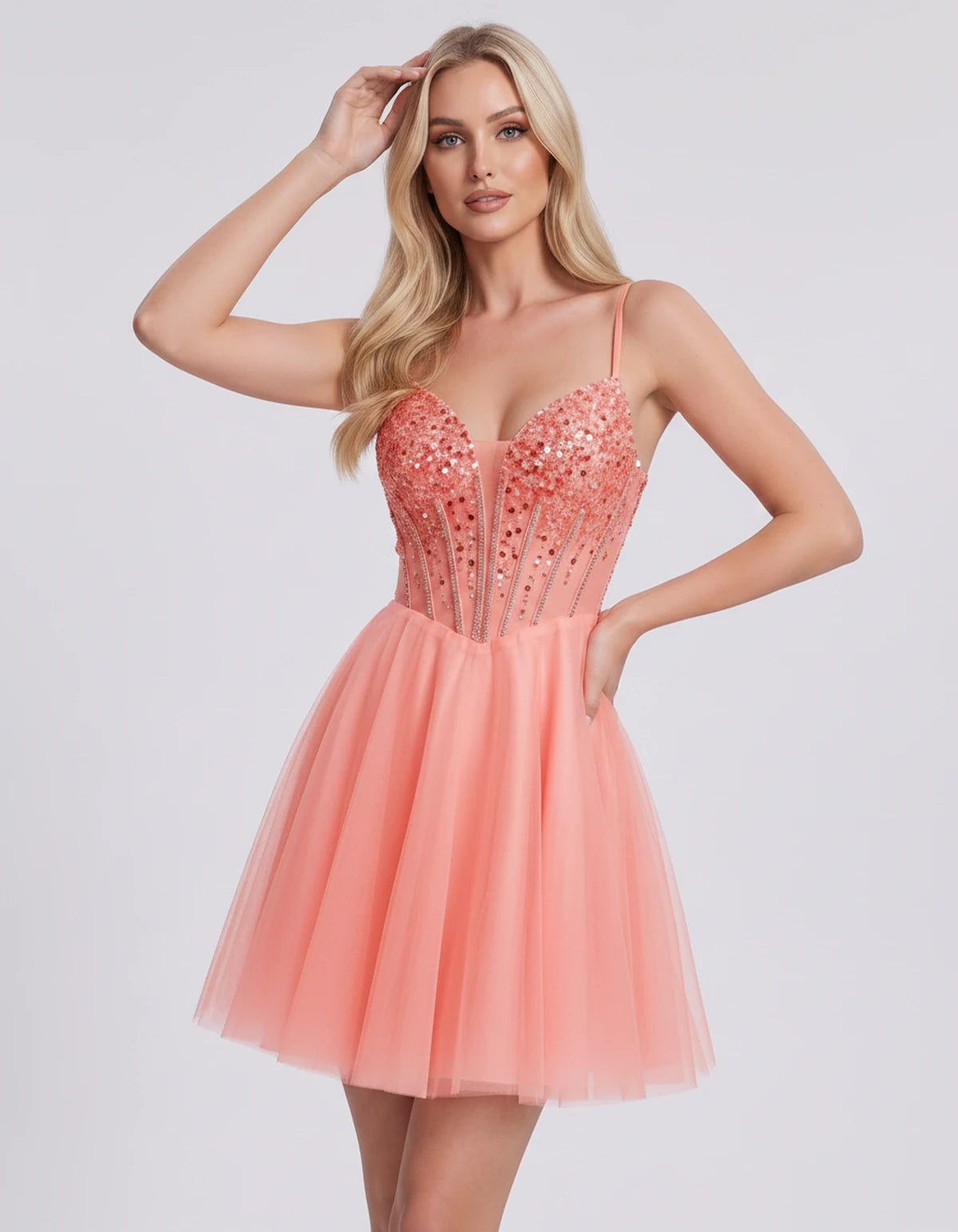 Charlise Mini Dress — Coral | SKU: SD-81155-coral-2,SD-81155-coral-4,SD-81155-coral-6,SD-81155-coral-8,SD-81155-coral-10,SD-81155-coral-12,SD-81155-coral-14,SD-81155-coral-16,SD-81155-coral-16W,SD-81155-coral-18W,SD-81155-coral-20W,SD-81155-coral-22W