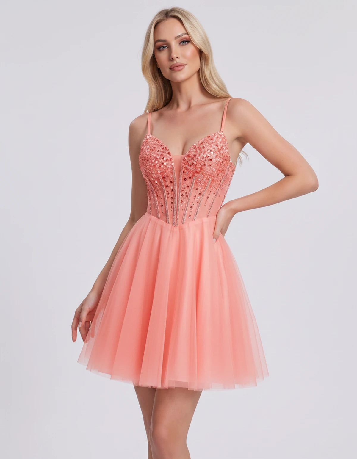 Charlise Mini Dress — Coral | SKU: SD-81155-coral-2,SD-81155-coral-4,SD-81155-coral-6,SD-81155-coral-8,SD-81155-coral-10,SD-81155-coral-12,SD-81155-coral-14,SD-81155-coral-16,SD-81155-coral-16W,SD-81155-coral-18W,SD-81155-coral-20W,SD-81155-coral-22W