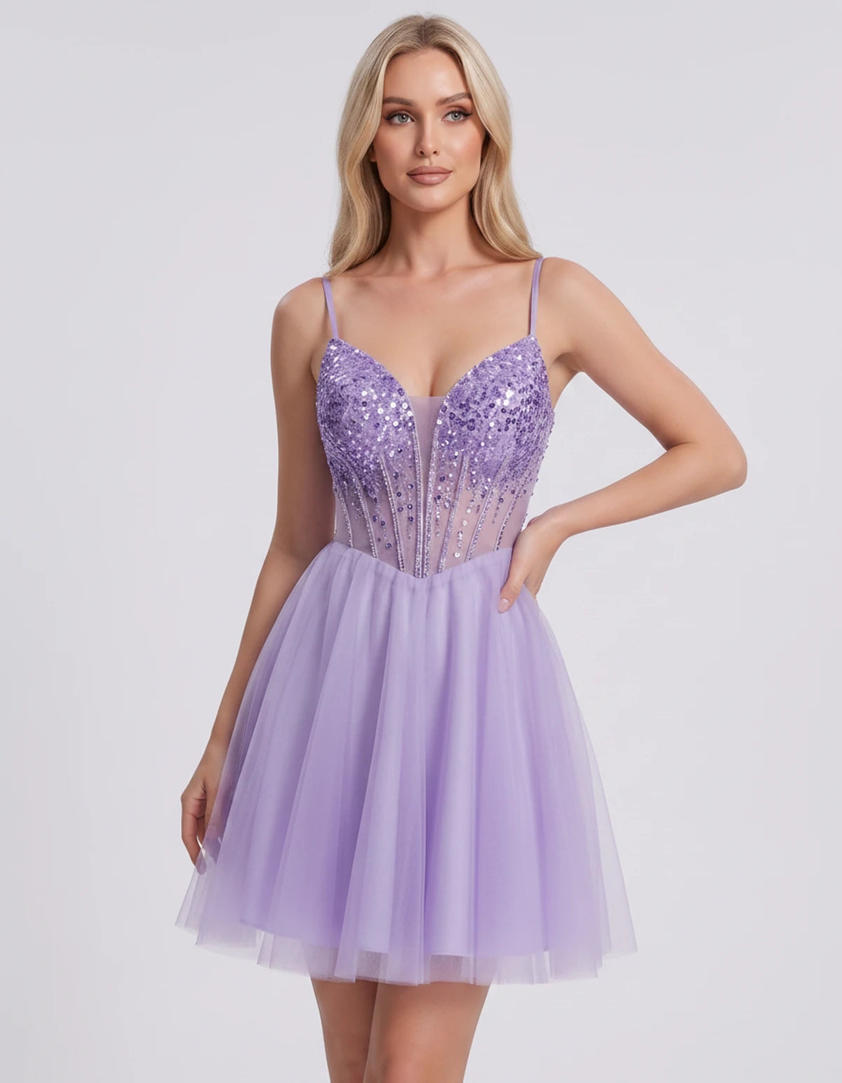 Charlise Mini Dress — Lavender | SKU: SD-81155-lavender-2,SD-81155-lavender-4,SD-81155-lavender-6,SD-81155-lavender-8,SD-81155-lavender-10,SD-81155-lavender-12,SD-81155-lavender-14,SD-81155-lavender-16,SD-81155-lavender-16W,SD-81155-lavender-18W,SD-81155-lavender-20W,SD-81155-lavender-22W