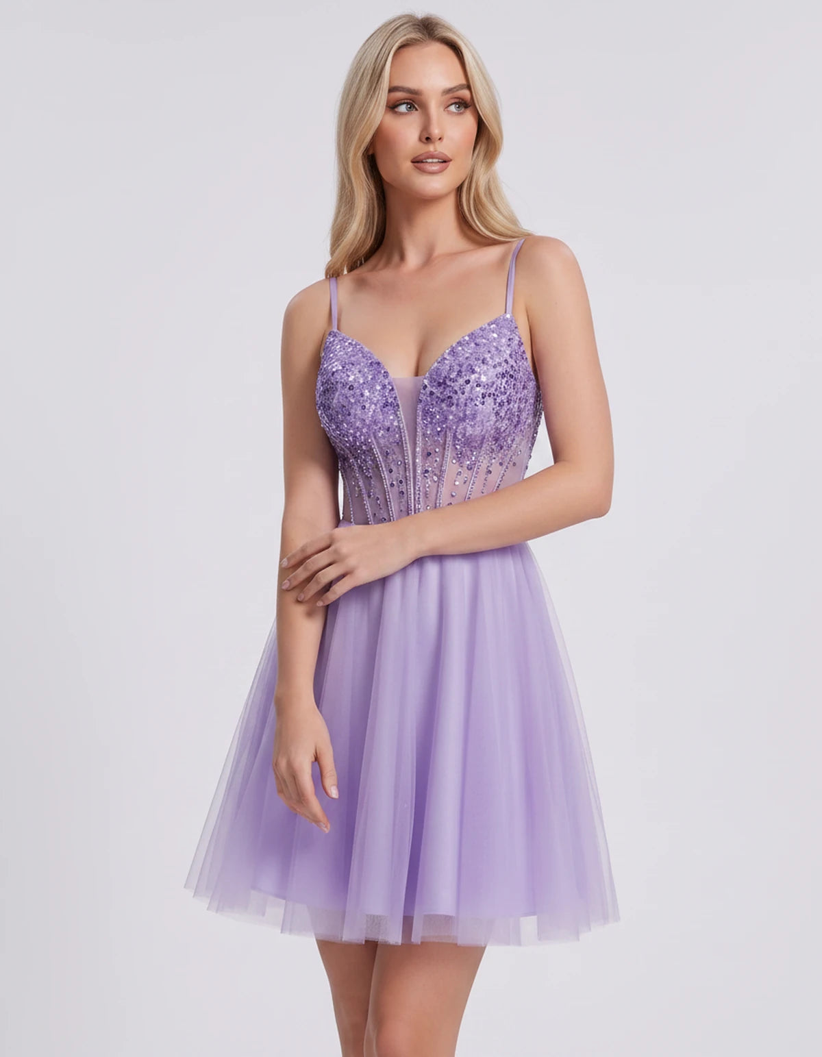 Charlise Mini Dress — Lavender | SKU: SD-81155-lavender-2,SD-81155-lavender-4,SD-81155-lavender-6,SD-81155-lavender-8,SD-81155-lavender-10,SD-81155-lavender-12,SD-81155-lavender-14,SD-81155-lavender-16,SD-81155-lavender-16W,SD-81155-lavender-18W,SD-81155-lavender-20W,SD-81155-lavender-22W