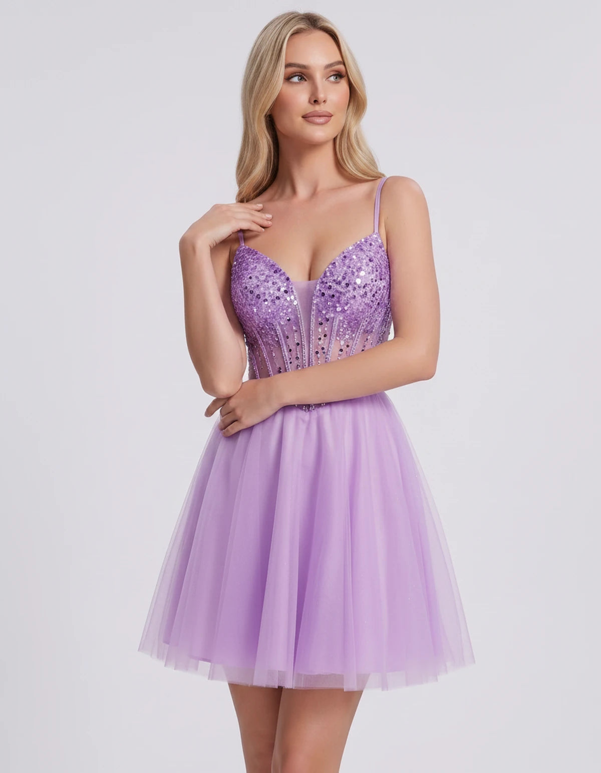 Charlise Mini Dress — Lilac | SKU: SD-81155-lilac-2,SD-81155-lilac-4,SD-81155-lilac-6,SD-81155-lilac-8,SD-81155-lilac-10,SD-81155-lilac-12,SD-81155-lilac-14,SD-81155-lilac-16,SD-81155-lilac-16W,SD-81155-lilac-18W,SD-81155-lilac-20W,SD-81155-lilac-22W