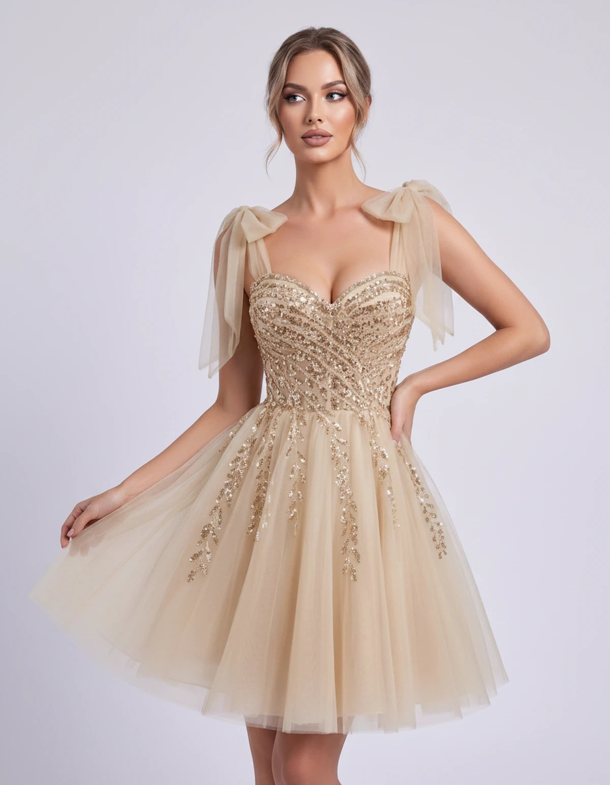 Coralie Midi Dresses — Champagne | SKU: SD-67209-champagne-2,SD-67209-champagne-4,SD-67209-champagne-6,SD-67209-champagne-8,SD-67209-champagne-10,SD-67209-champagne-12,SD-67209-champagne-14,SD-67209-champagne-14W,SD-67209-champagne-16,SD-67209-champagne-16W,SD-67209-champagne-18W,SD-67209-champagne-20W