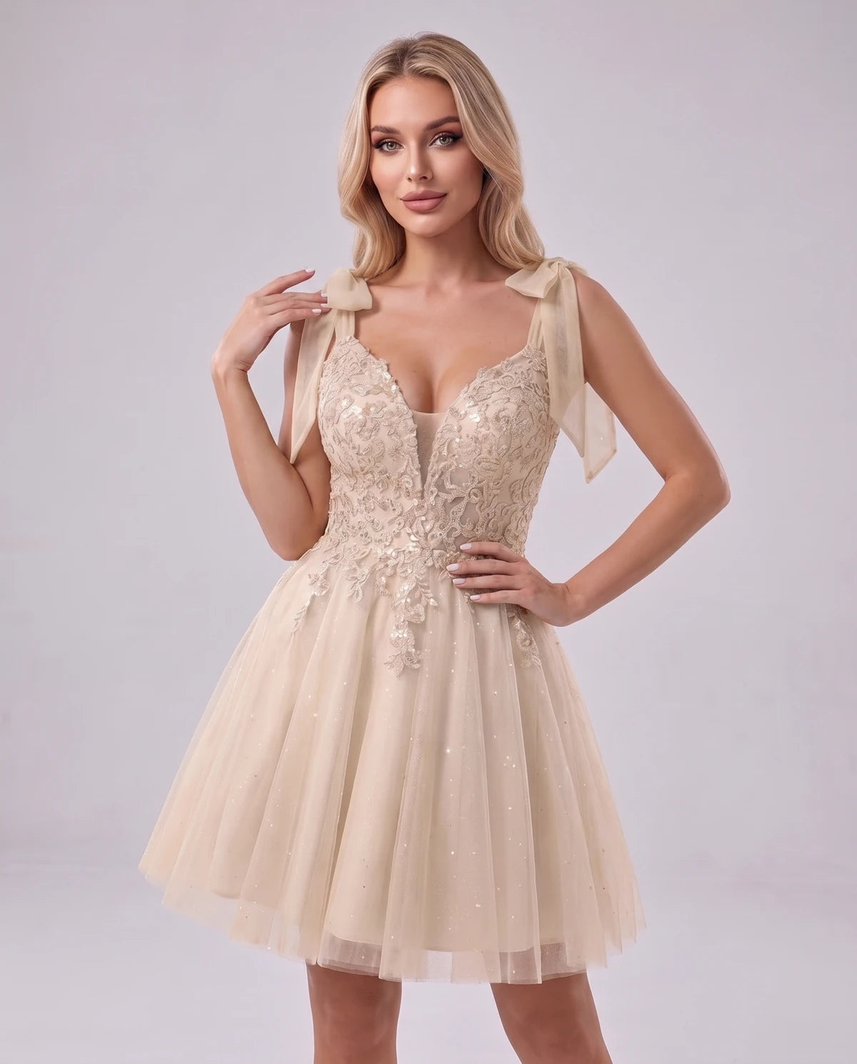 Doriane Mini Dress — Champagne | SKU: SD-45004-champagne-2,SD-45004-champagne-4,SD-45004-champagne-6,SD-45004-champagne-8,SD-45004-champagne-10,SD-45004-champagne-12,SD-45004-champagne-14,SD-45004-champagne-14W,SD-45004-champagne-16,SD-45004-champagne-16W,SD-45004-champagne-18W,SD-45004-champagne-20W