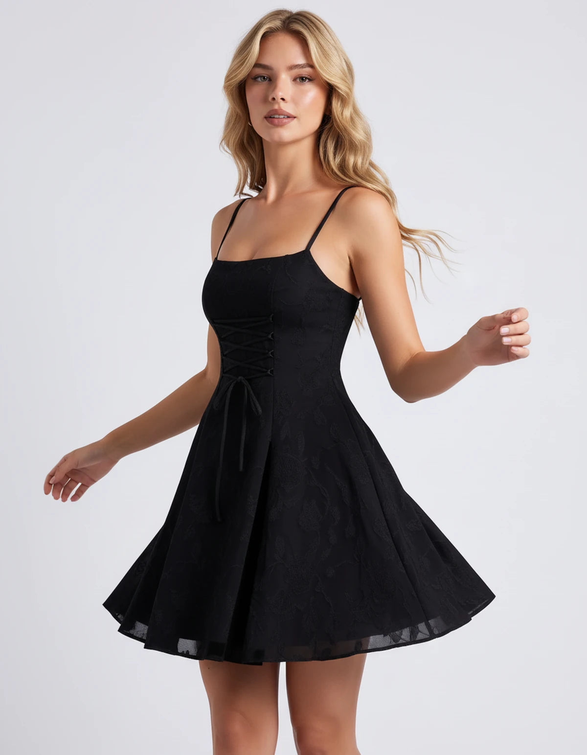 Flavienne Mini Dress — Black | SKU: SD-14421-black-2,SD-14421-black-4,SD-14421-black-6,SD-14421-black-8,SD-14421-black-10,SD-14421-black-12,SD-14421-black-14,SD-14421-black-16,SD-14421-black-16W,SD-14421-black-18W,SD-14421-black-20W,SD-14421-black-22W