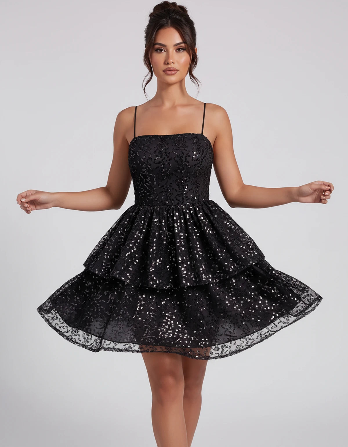 Florabel Mini Dress — Black | SKU: SD-93674-black-2,SD-93674-black-4,SD-93674-black-6,SD-93674-black-8,SD-93674-black-10,SD-93674-black-12,SD-93674-black-14,SD-93674-black-16,SD-93674-black-16W,SD-93674-black-18W,SD-93674-black-20W,SD-93674-black-22W
