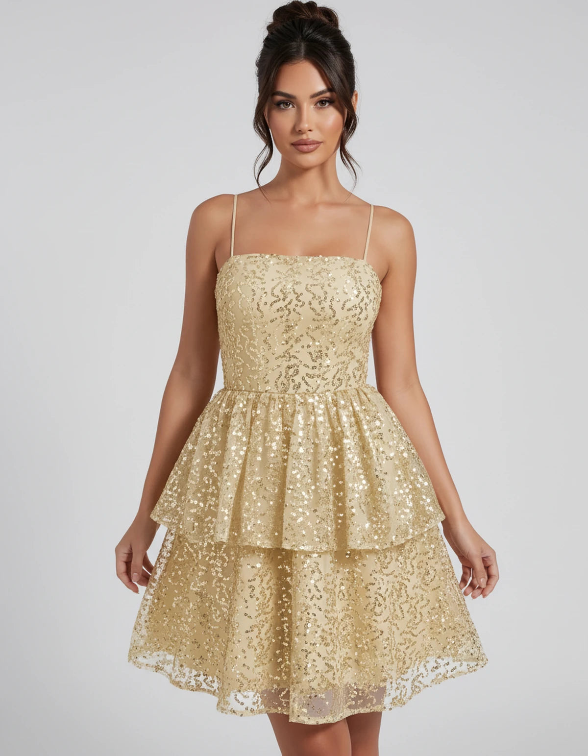Florabel Mini Dress — Champagne | SKU: SD-93674-champagne-2,SD-93674-champagne-4,SD-93674-champagne-6,SD-93674-champagne-8,SD-93674-champagne-10,SD-93674-champagne-12,SD-93674-champagne-14,SD-93674-champagne-16,SD-93674-champagne-16W,SD-93674-champagne-18W,SD-93674-champagne-20W,SD-93674-champagne-22W