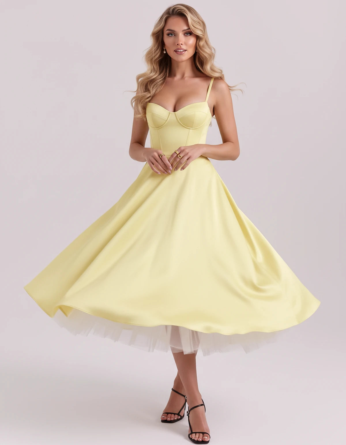 Floriane Midi Dresses — Yellow | SKU: SD-68808-yellow-XS,SD-68808-yellow-S,SD-68808-yellow-M,SD-68808-yellow-L,SD-68808-yellow-XL,SD-68808-yellow-2XL