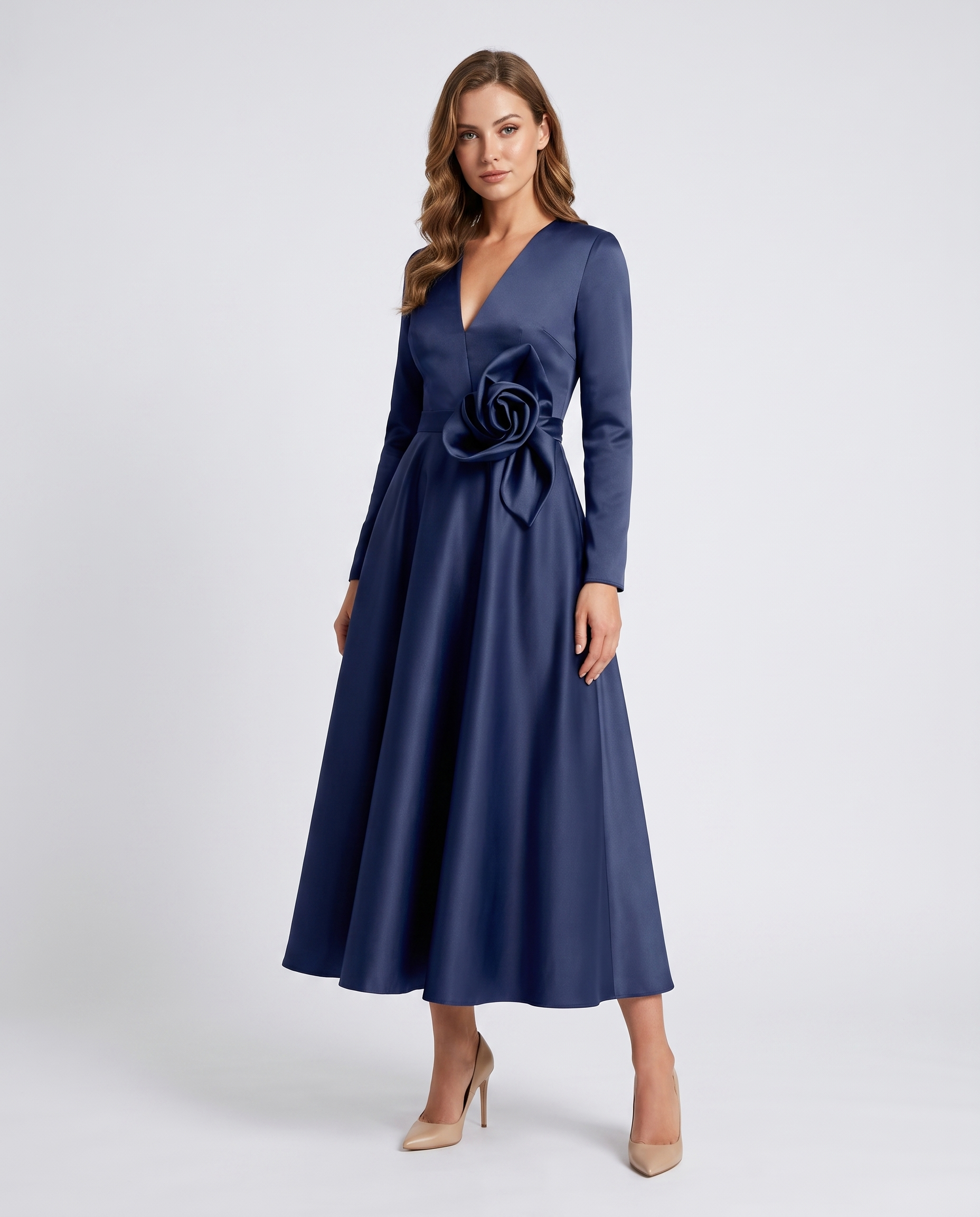 aurelia satin v neck midi dress Long Sleeve V-Neck 3D Floral Applique A-Line Maxi for Party, Cocktail, Evening, Wedding Guest, Summer, Navy / XL prom gown The skirt flows into Page Title: Clothing: Mini Color:159 Camomile