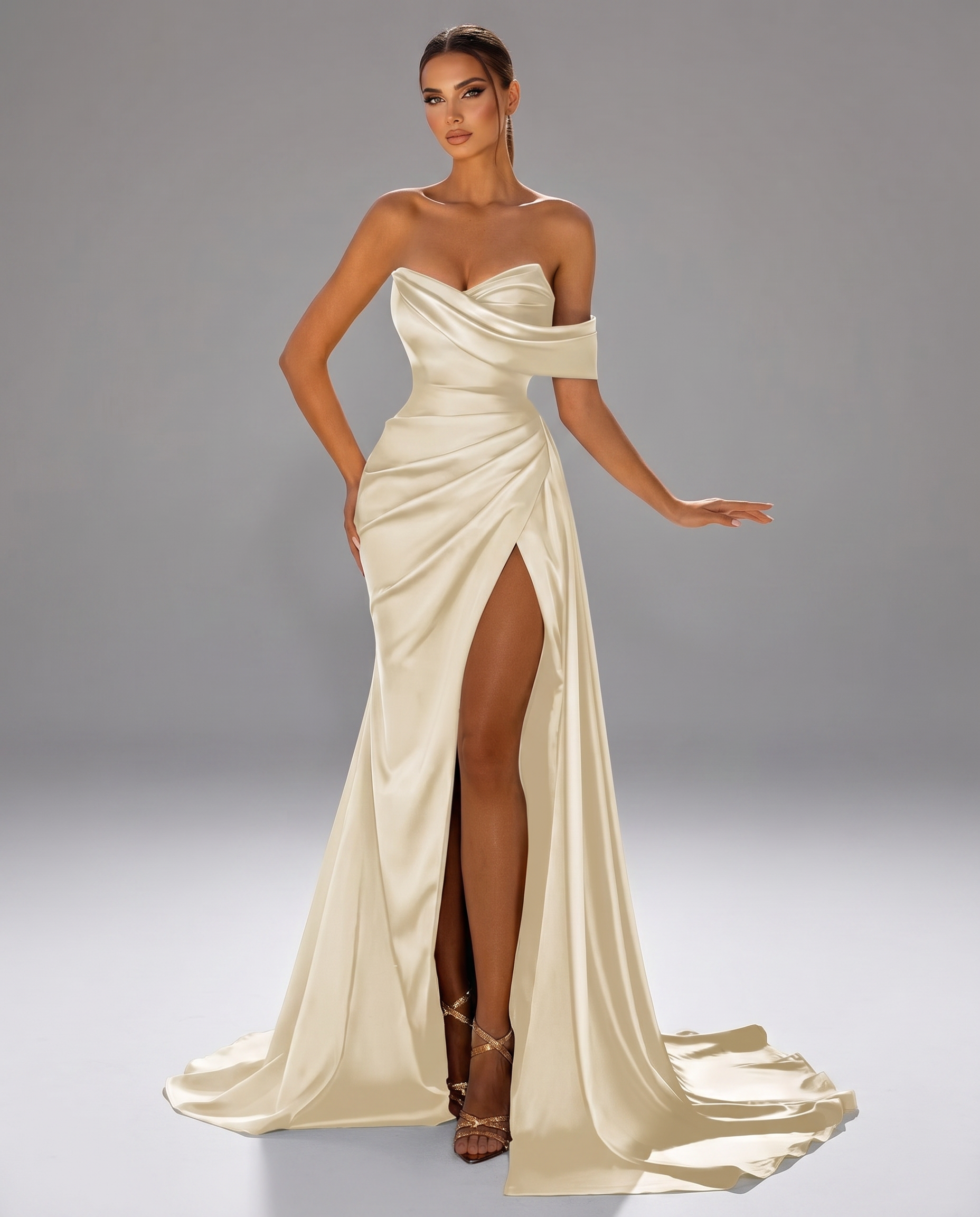 Satin One Shoulder Draped Corset Mermaid High Slit Maxi Dress for Party, Cocktail, Evening, Wedding Guest, Summer Formal Wear, Beige / M