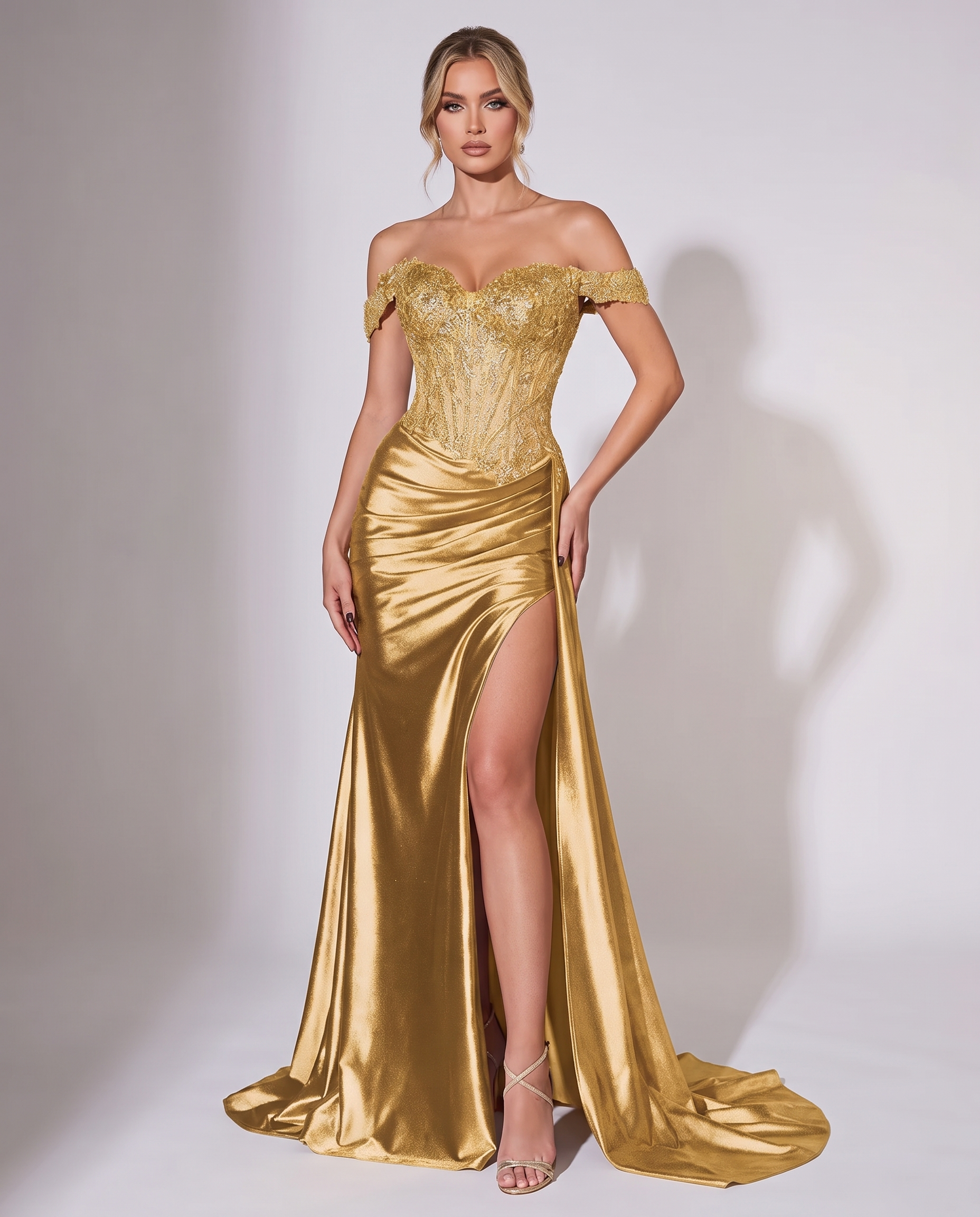 formal maxi dress fitted Satin Lace Off-the-Shoulder Sweetheart with Side Slit for Prom, Party, Cocktail, Evening, Wedding Guest & Events, Gold / XL Crafted in silky elastic Floralace Sky Blue Ruffled Size:XS (PREORDER) Season: FALL 17