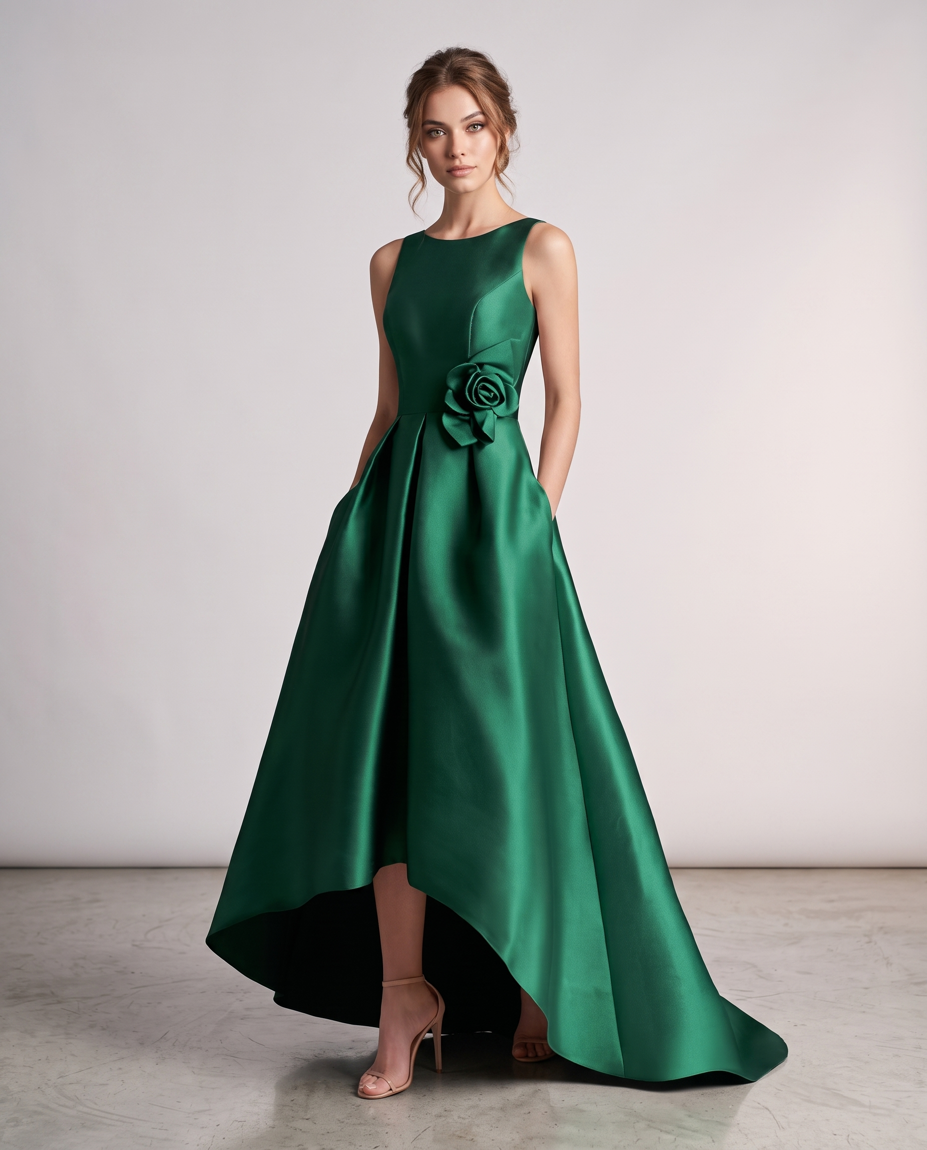 Satin Sleeveless Crew Neck A-Line High-Low Maxi Dress with Pockets for Wedding Guest, Party, Cocktail, Evening & Formal Event