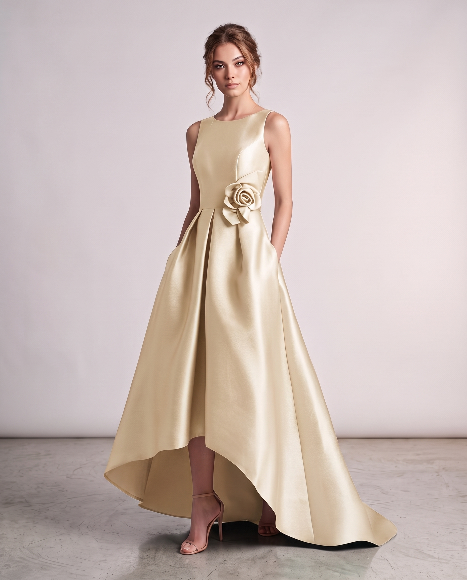Satin Sleeveless Crew Neck A-Line High-Low Maxi Dress with Pockets for Wedding Guest, Party, Cocktail, Evening & Formal Event