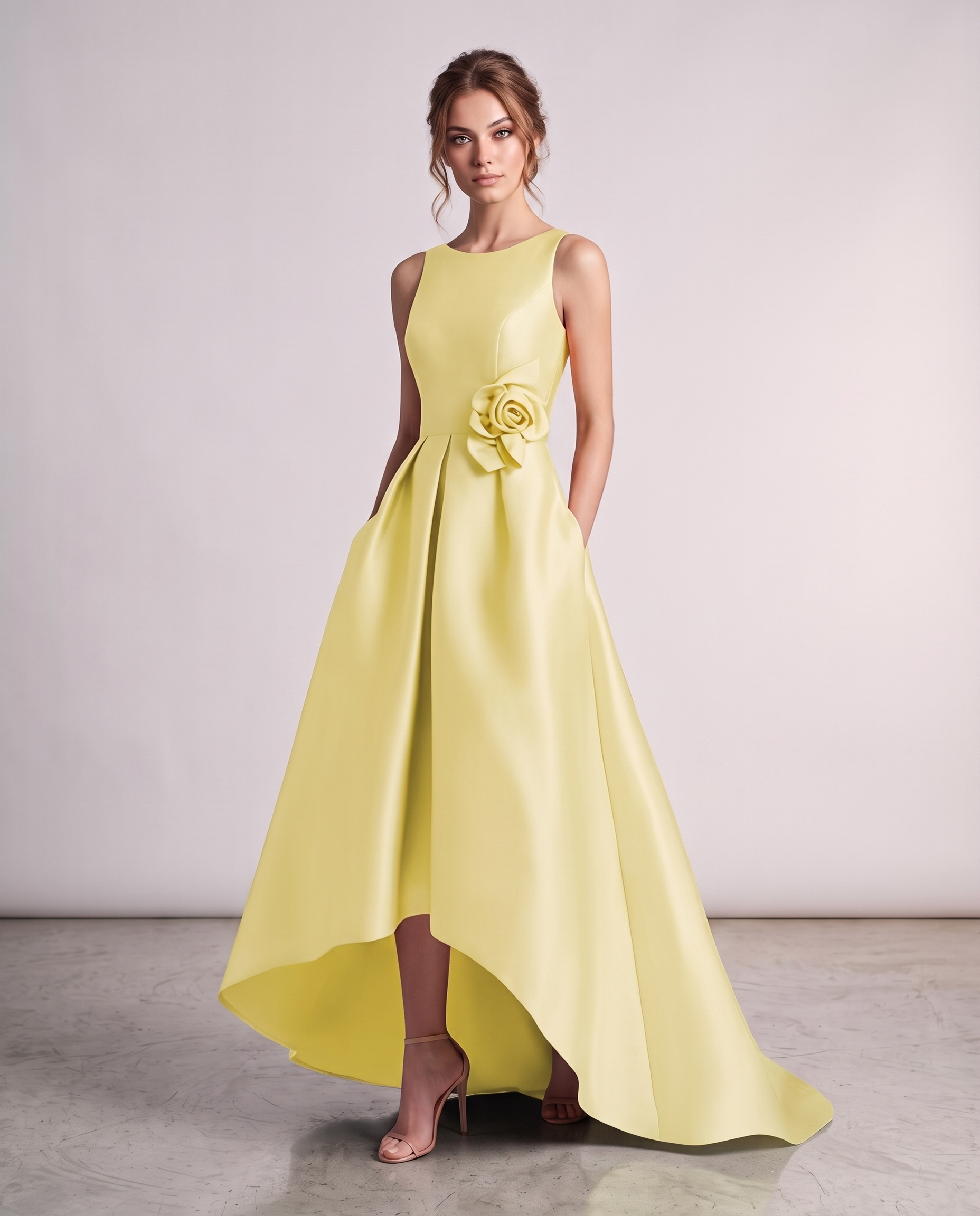 Satin Sleeveless Crew Neck A-Line High-Low Maxi Dress with Pockets for Wedding Guest, Party, Cocktail, Evening & Formal Event