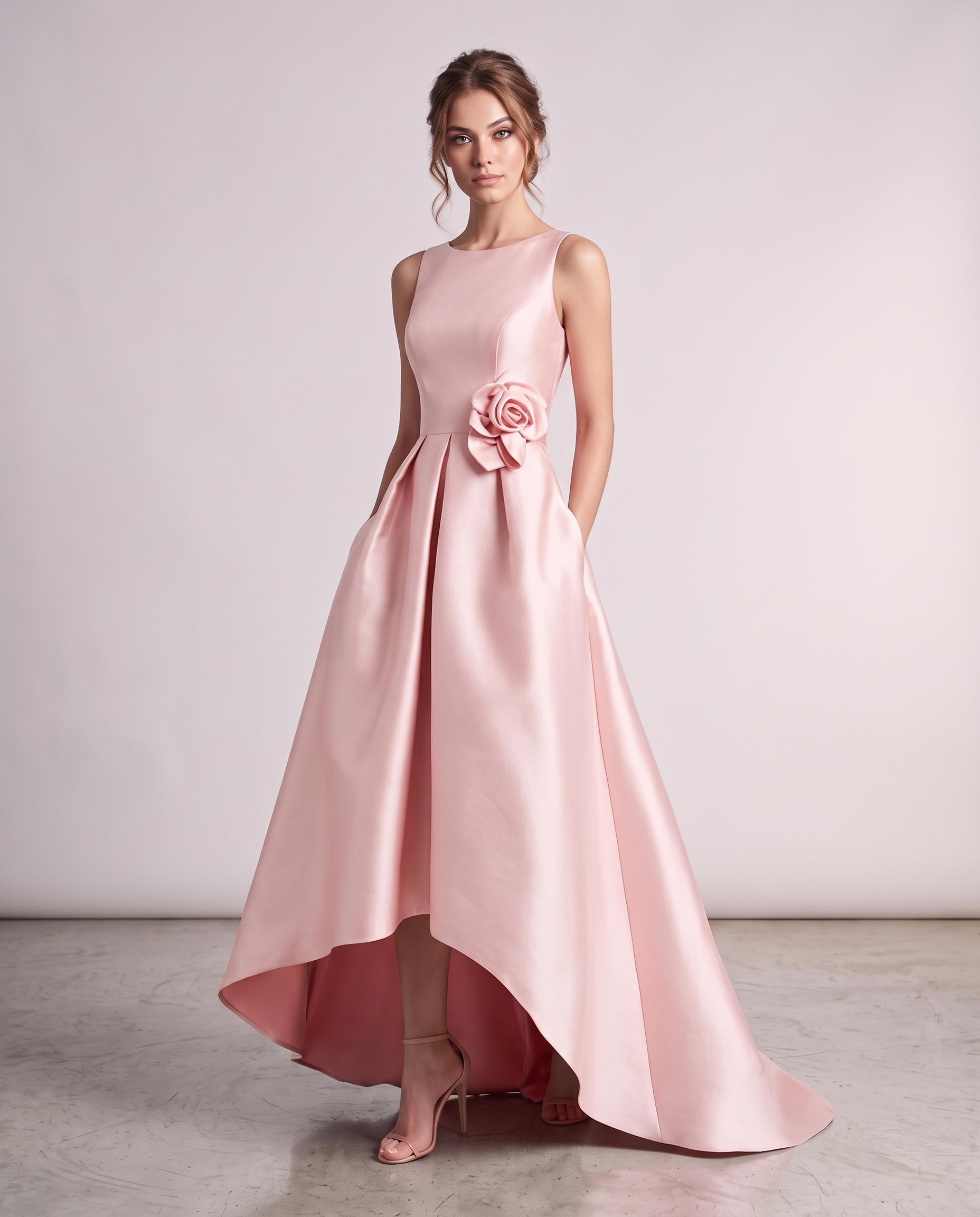 Satin Sleeveless Crew Neck A-Line High-Low Maxi Dress with Pockets for Wedding Guest, Party, Cocktail, Evening & Formal Event