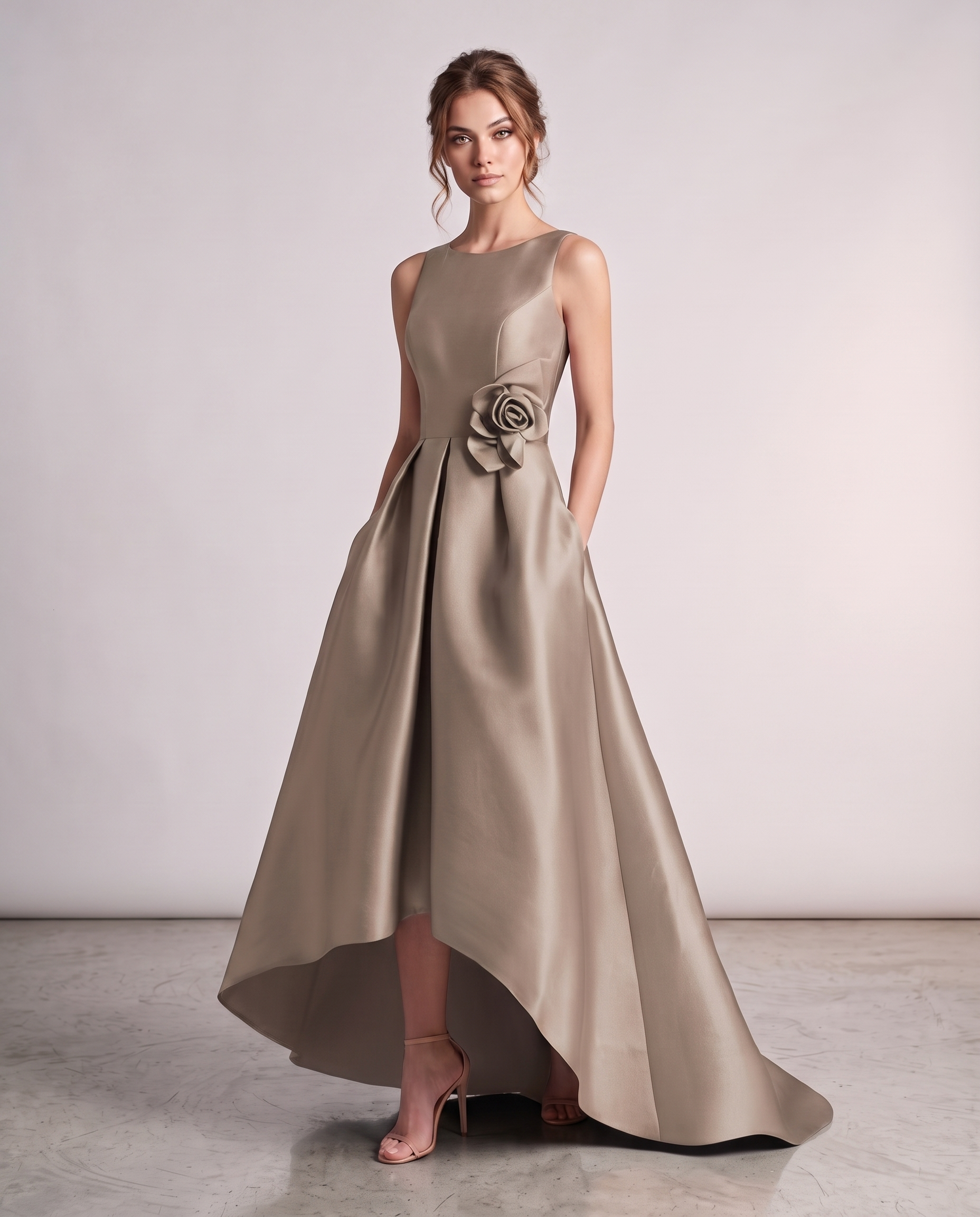 Satin Sleeveless Crew Neck A-Line High-Low Maxi Dress with Pockets for Wedding Guest, Party, Cocktail, Evening & Formal Event
