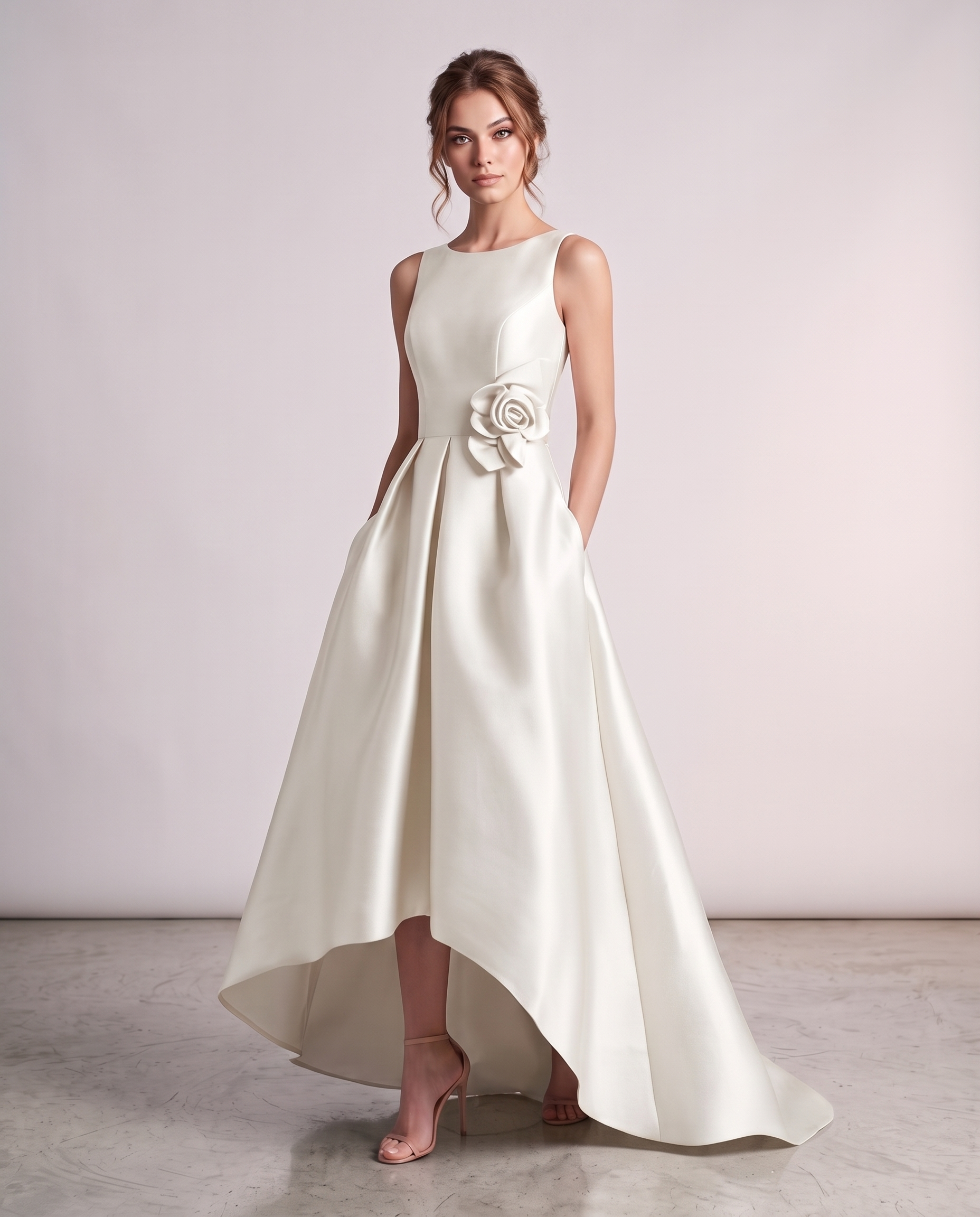 Satin Sleeveless Crew Neck A-Line High-Low Maxi Dress with Pockets for Wedding Guest, Party, Cocktail, Evening & Formal Event