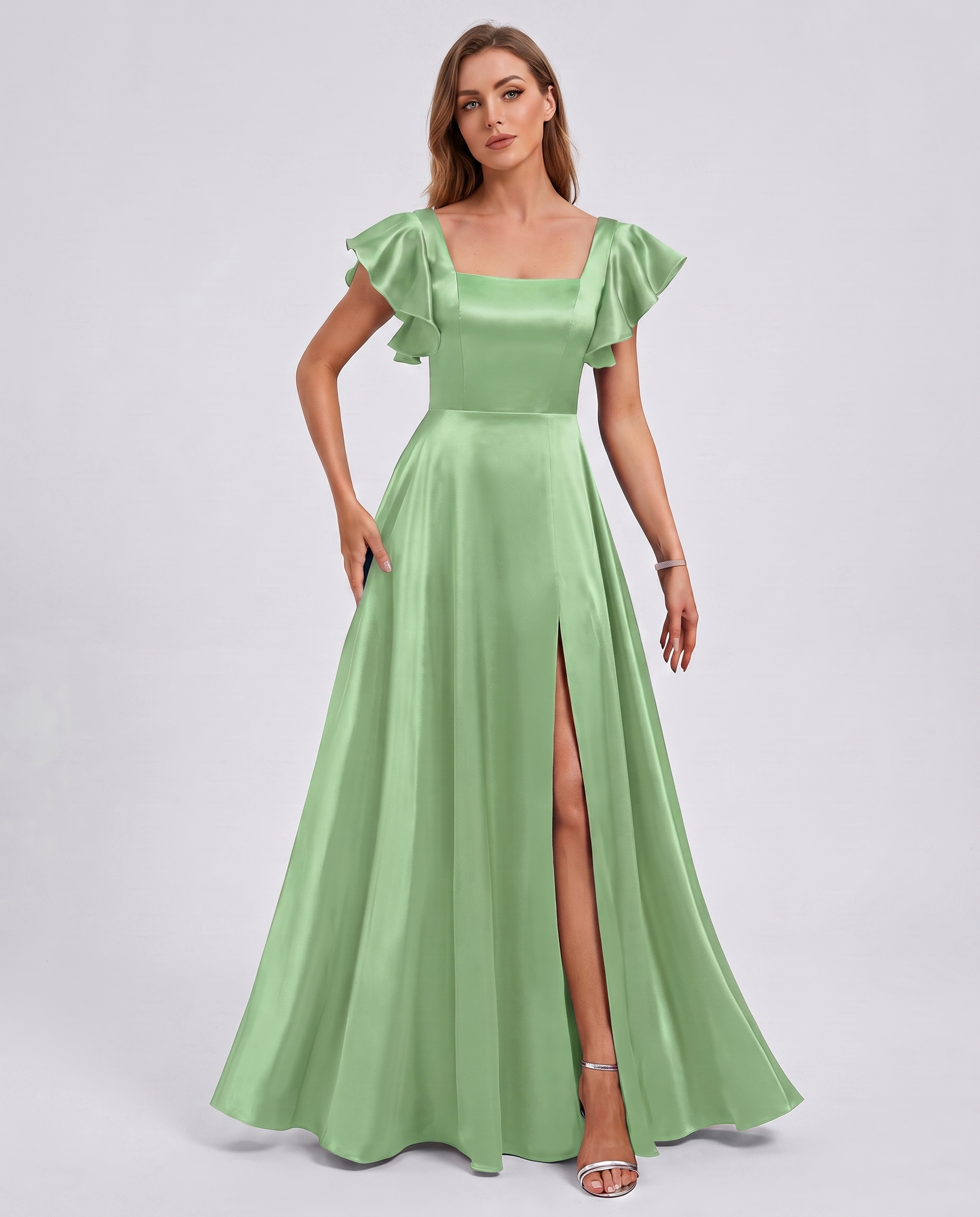 Satin Short Flutter Sleeve Square Neck A-Line Maxi Dress with Pockets for Party, Cocktail, Evening, Wedding Guest & Summer Ev