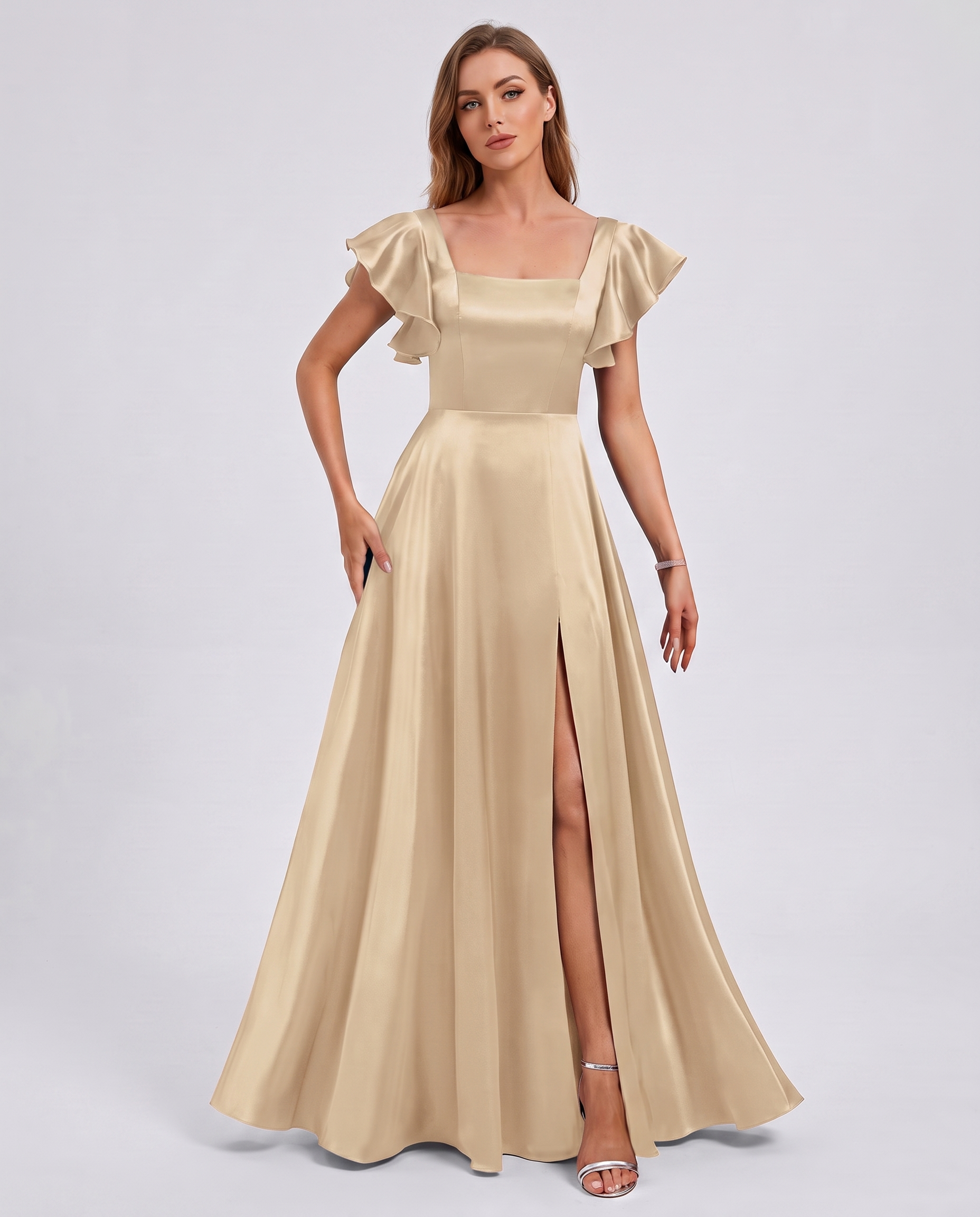 Satin Short Flutter Sleeve Square Neck A-Line Maxi Dress with Pockets for Party, Cocktail, Evening, Wedding Guest & Summer Ev