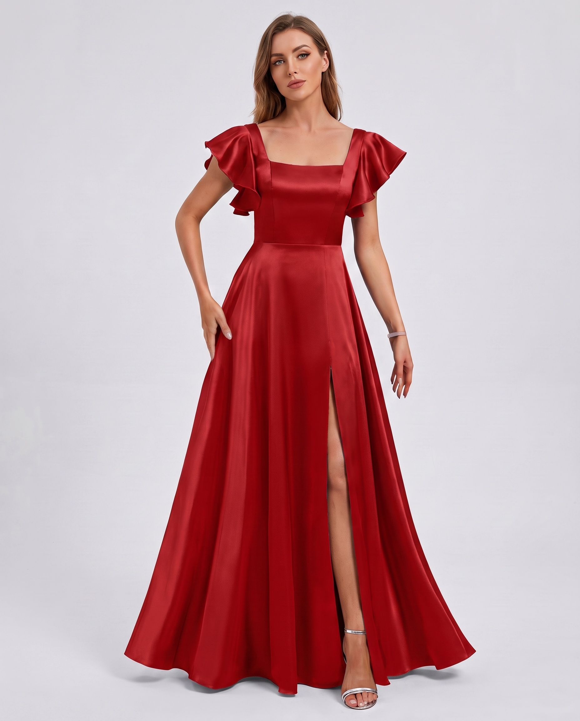 Satin Short Flutter Sleeve Square Neck A-Line Maxi Dress with Pockets for Party, Cocktail, Evening, Wedding Guest & Summer Ev