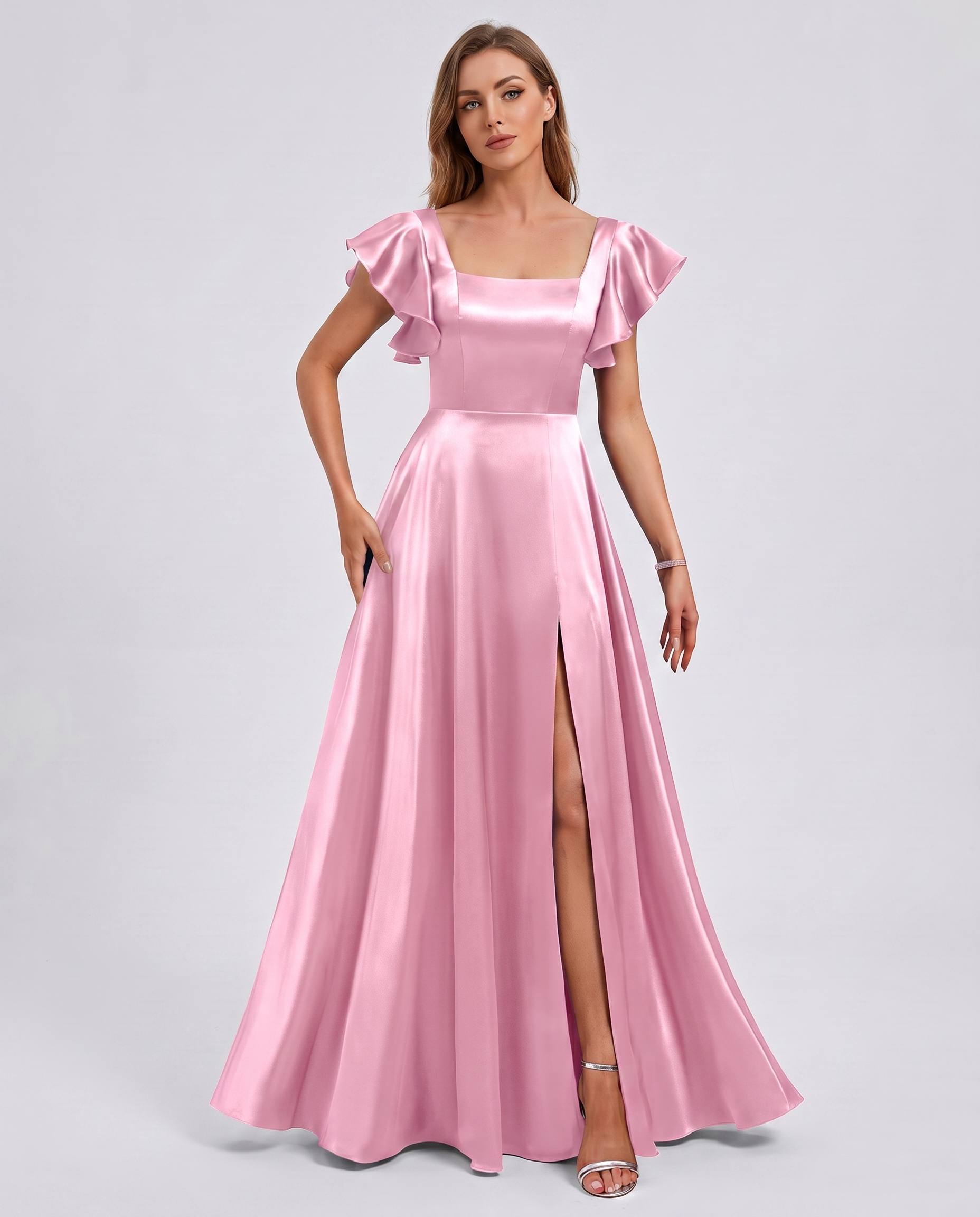 Satin Short Flutter Sleeve Square Neck A-Line Maxi Dress with Pockets for Party, Cocktail, Evening, Wedding Guest & Summer Ev