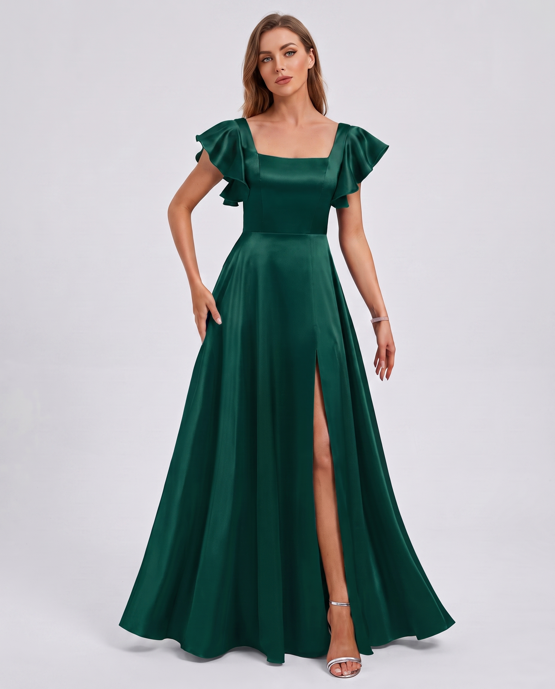 Satin Short Flutter Sleeve Square Neck A-Line Maxi Dress with Pockets for Party, Cocktail, Evening, Wedding Guest & Summer Ev