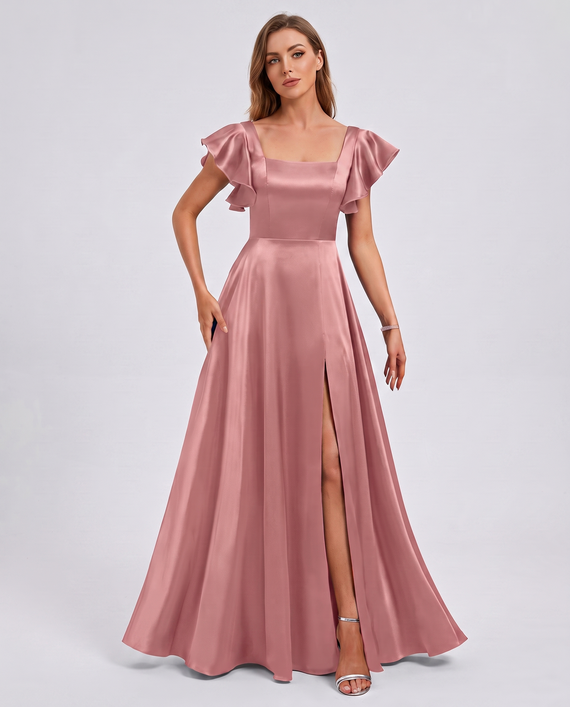 Satin Short Flutter Sleeve Square Neck A-Line Maxi Dress with Pockets for Party, Cocktail, Evening, Wedding Guest & Summer Ev