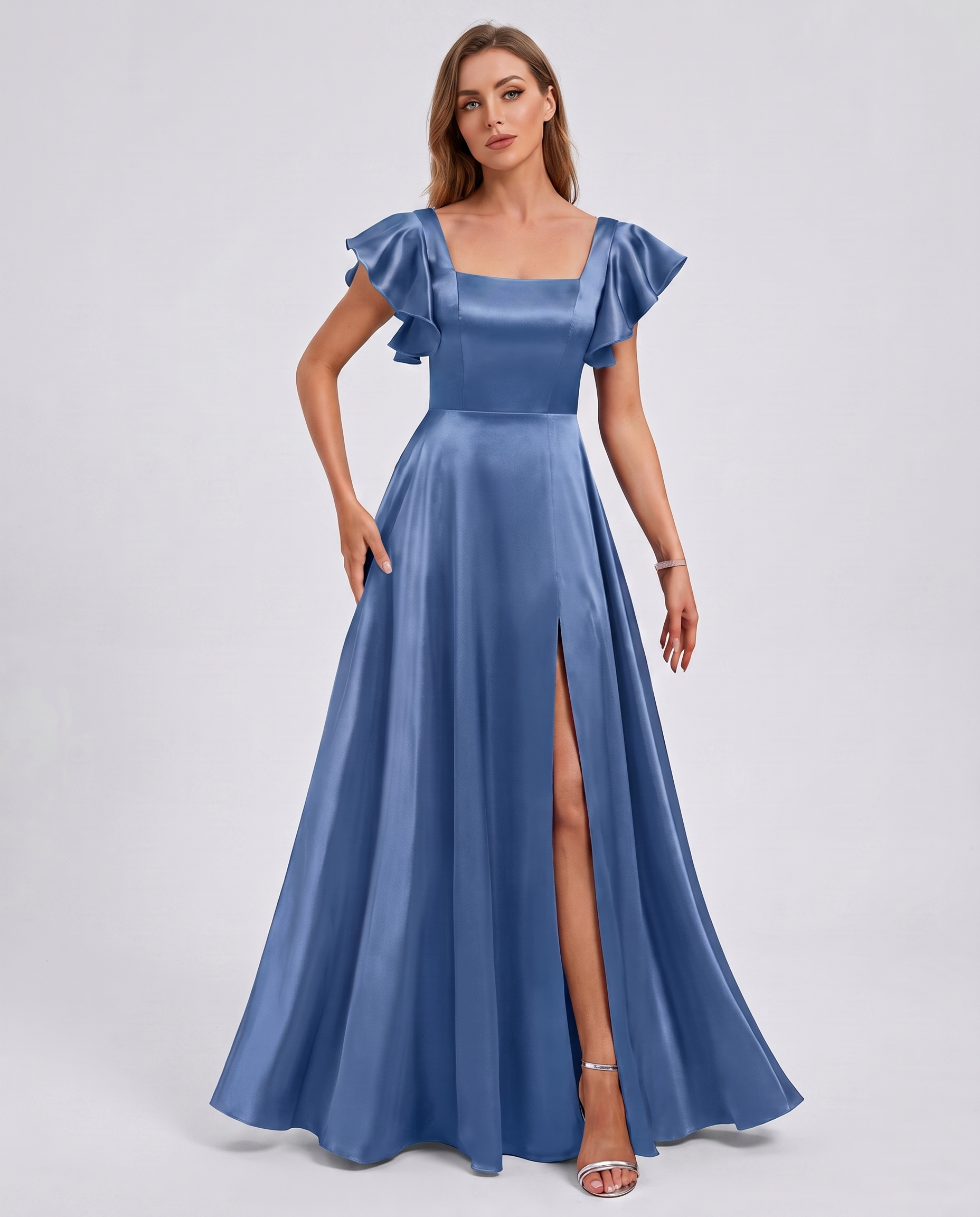 Satin Short Flutter Sleeve Square Neck A-Line Maxi Dress with Pockets for Party, Cocktail, Evening, Wedding Guest & Summer Ev