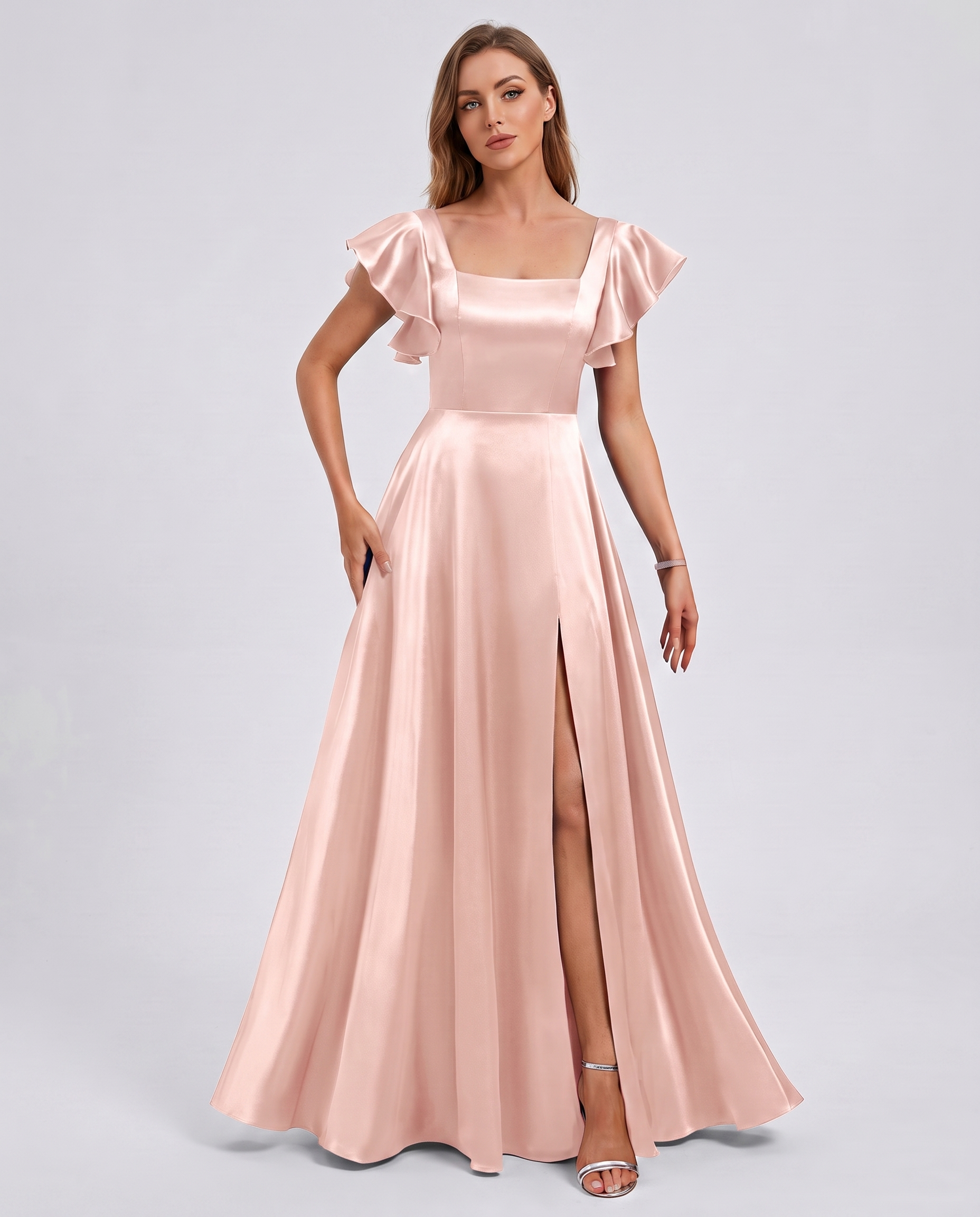 Satin Short Flutter Sleeve Square Neck A-Line Maxi Dress with Pockets for Party, Cocktail, Evening, Wedding Guest & Summer Ev