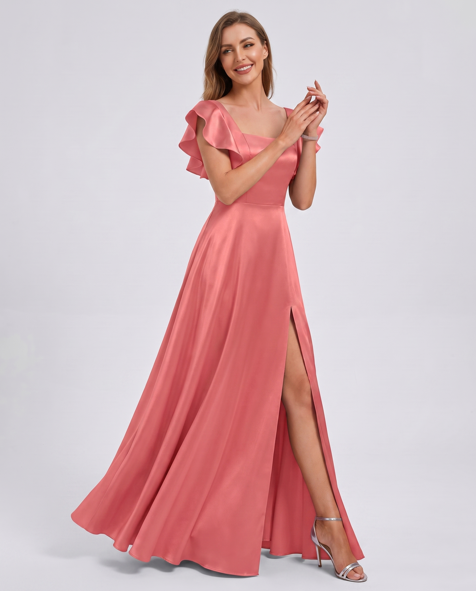 Satin Short Flutter Sleeve Square Neck A-Line Maxi Dress with Pockets for Party, Cocktail, Evening, Wedding Guest & Summer Ev