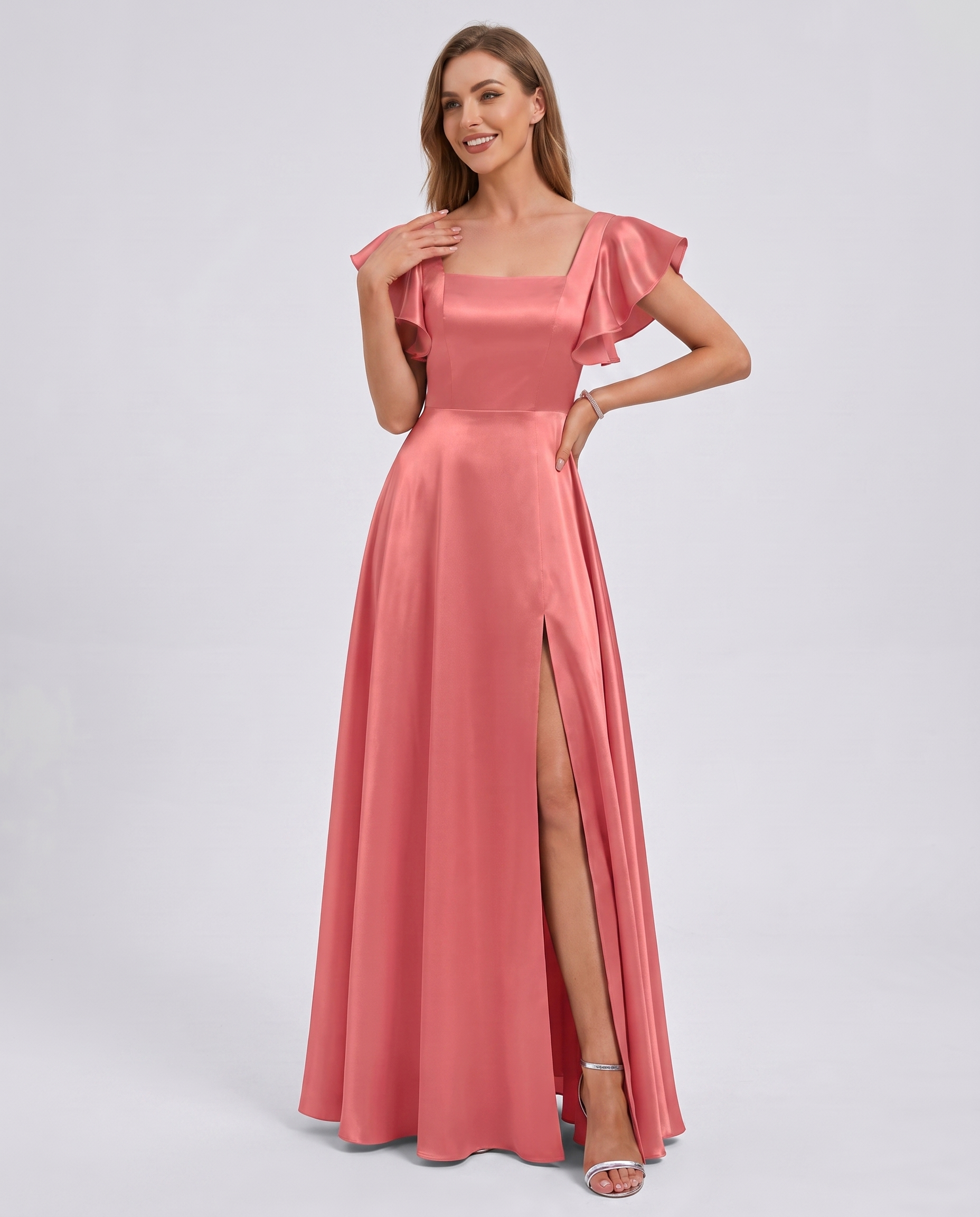 Satin Short Flutter Sleeve Square Neck A-Line Maxi Dress with Pockets for Party, Cocktail, Evening, Wedding Guest & Summer Ev