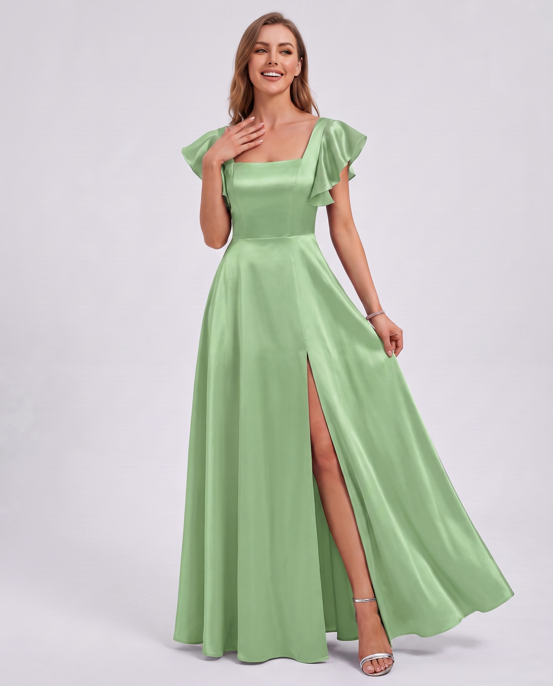 Satin Short Flutter Sleeve Square Neck A-Line Maxi Dress with Pockets for Party, Cocktail, Evening, Wedding Guest & Summer Ev