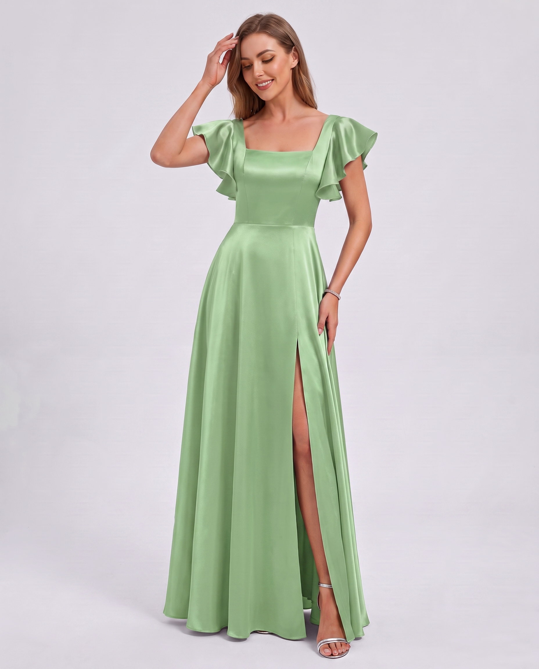 Satin Short Flutter Sleeve Square Neck A-Line Maxi Dress with Pockets for Party, Cocktail, Evening, Wedding Guest & Summer Ev