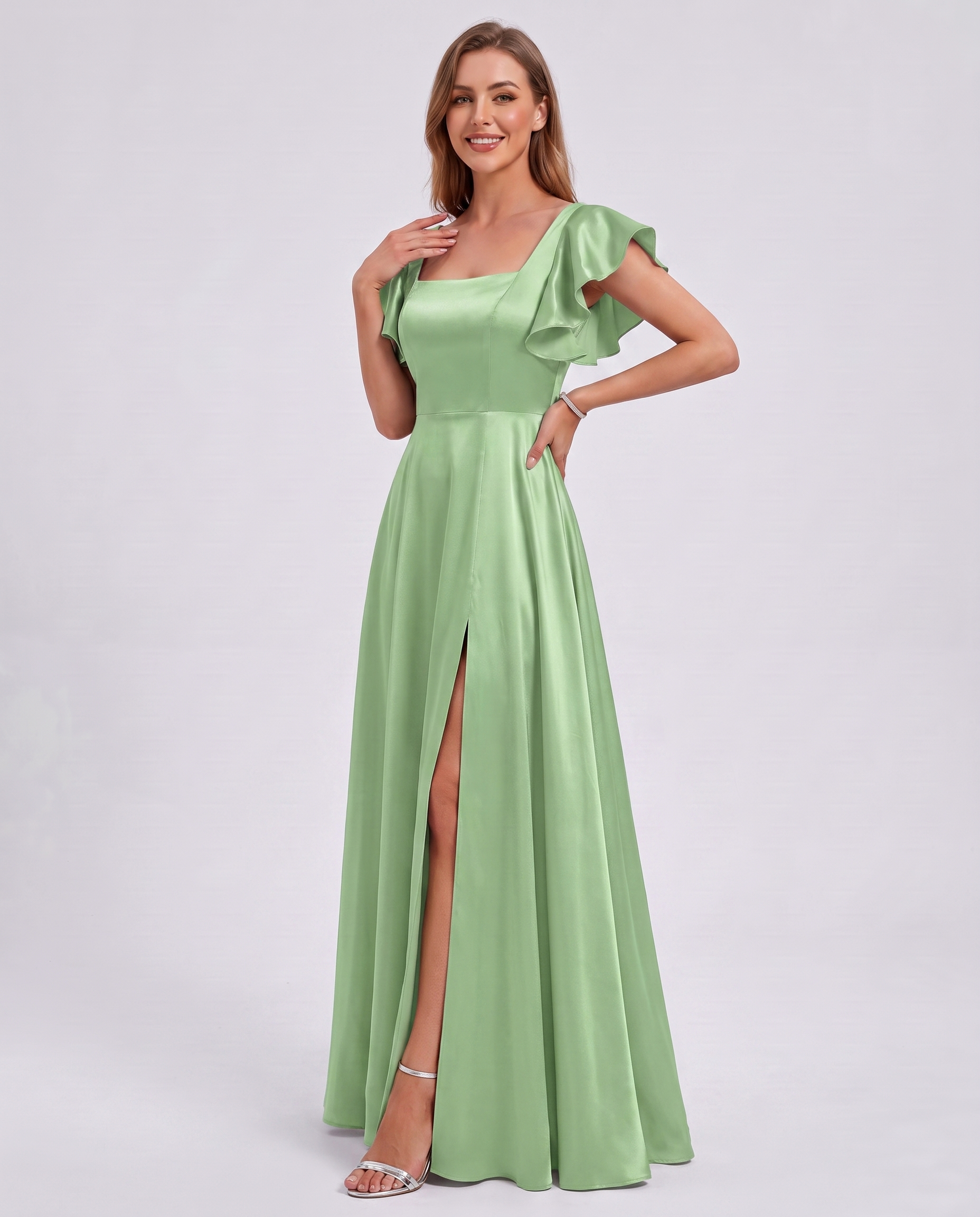 Satin Short Flutter Sleeve Square Neck A-Line Maxi Dress with Pockets for Party, Cocktail, Evening, Wedding Guest & Summer Ev